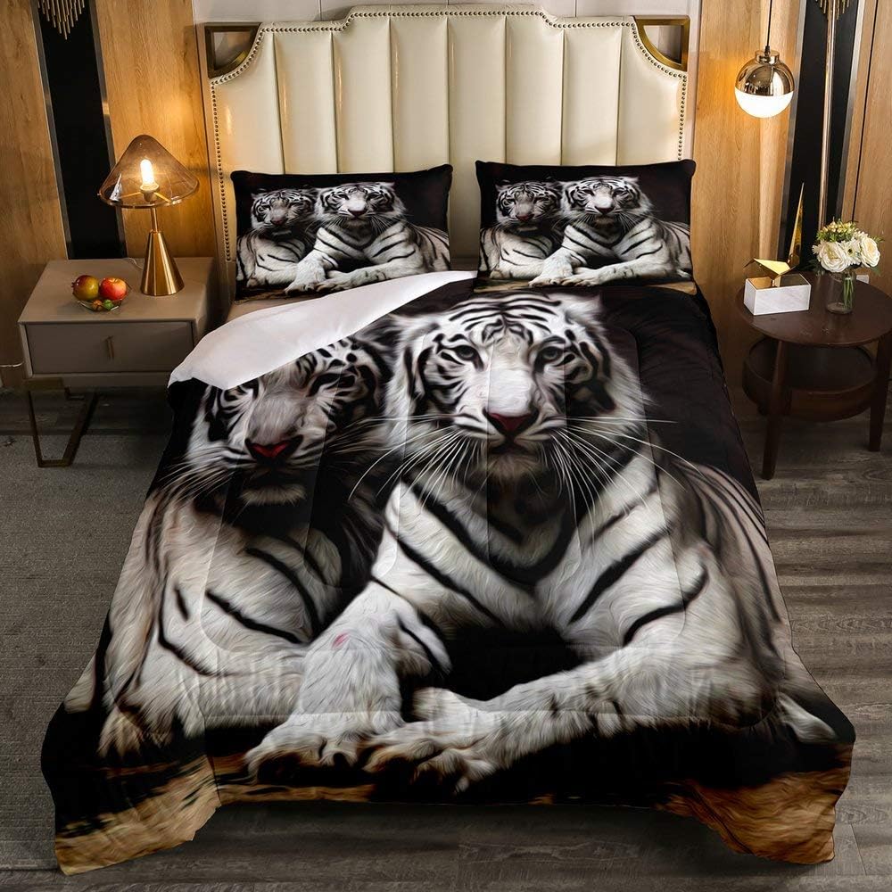 Erosebridal White Tiger Comforter Set Queen Size, 3D Animal