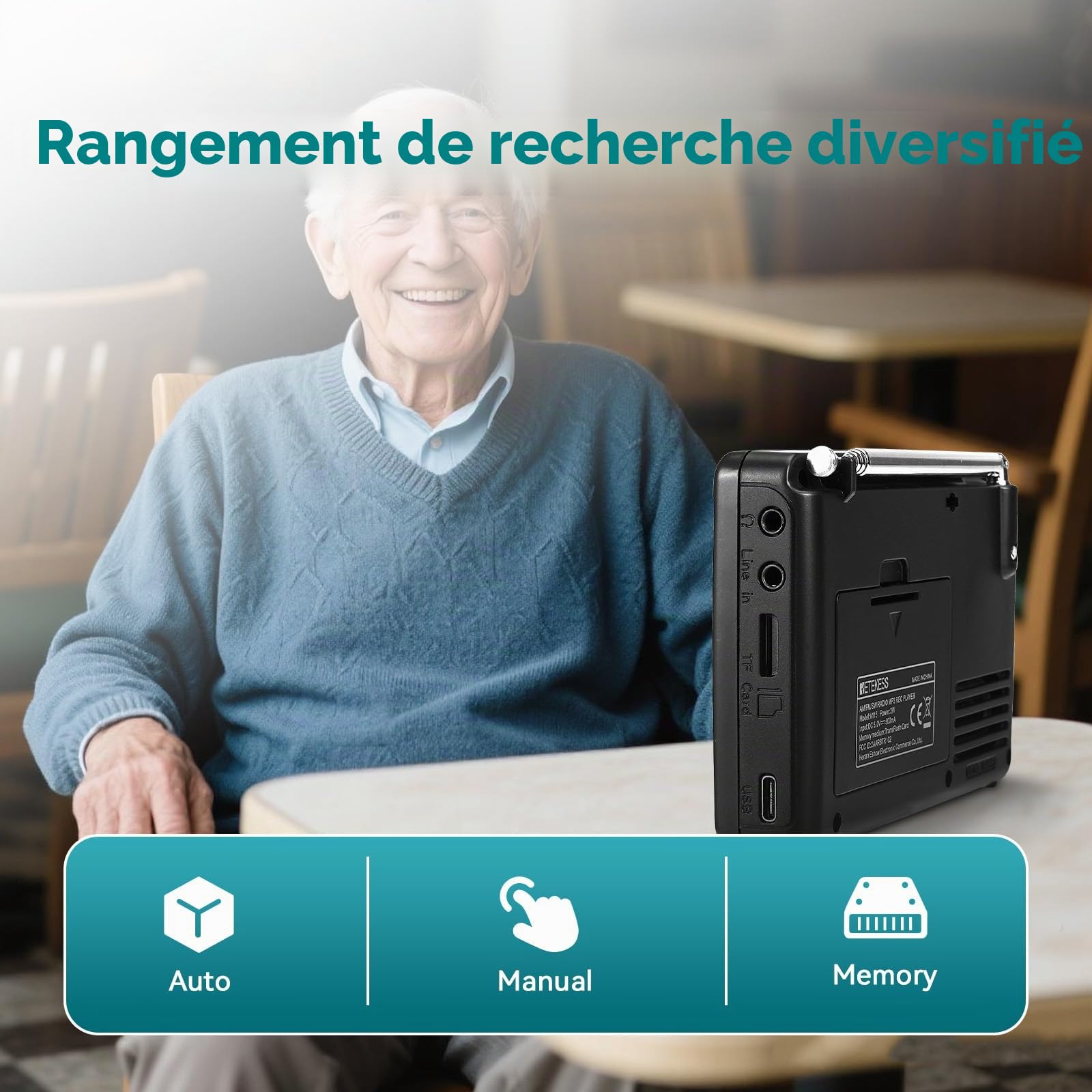 Retekess V115 Radio Portable,Petite Radio Rechargeable,FM AM SW, Piles et Secteur,Carte TF,Enregistreur, MP3,Minuterie de Sommeil,Salle de Bain,Cuisine(Noir)