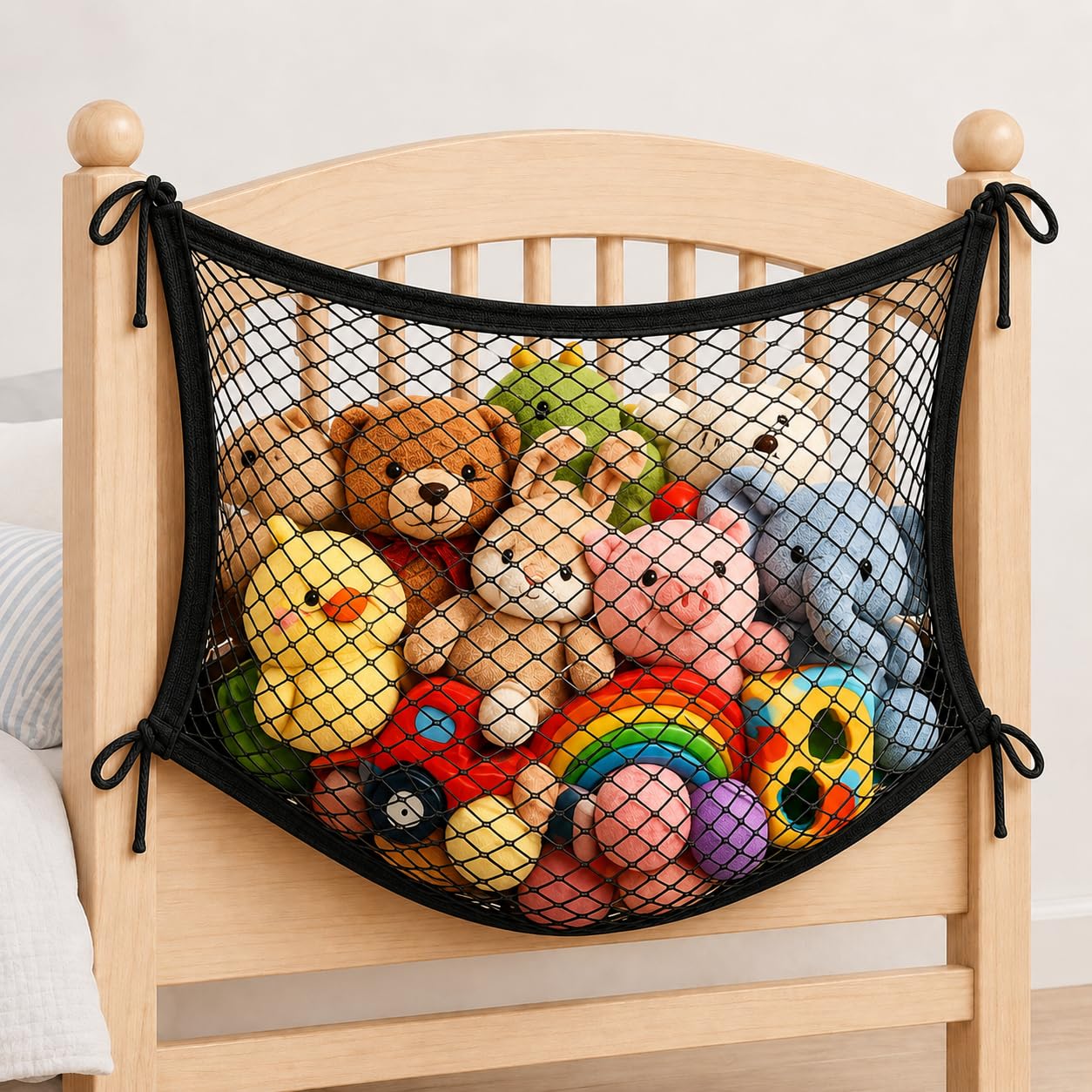Vpukveer Black Stuffed Animal Storage Net – Linen Macrame Toy Hammock & Teddy Net, Hanging Bedside Soft Cuddly Toy Organizer With Tether, Boho Decor (70X30cm / 28X12 In)