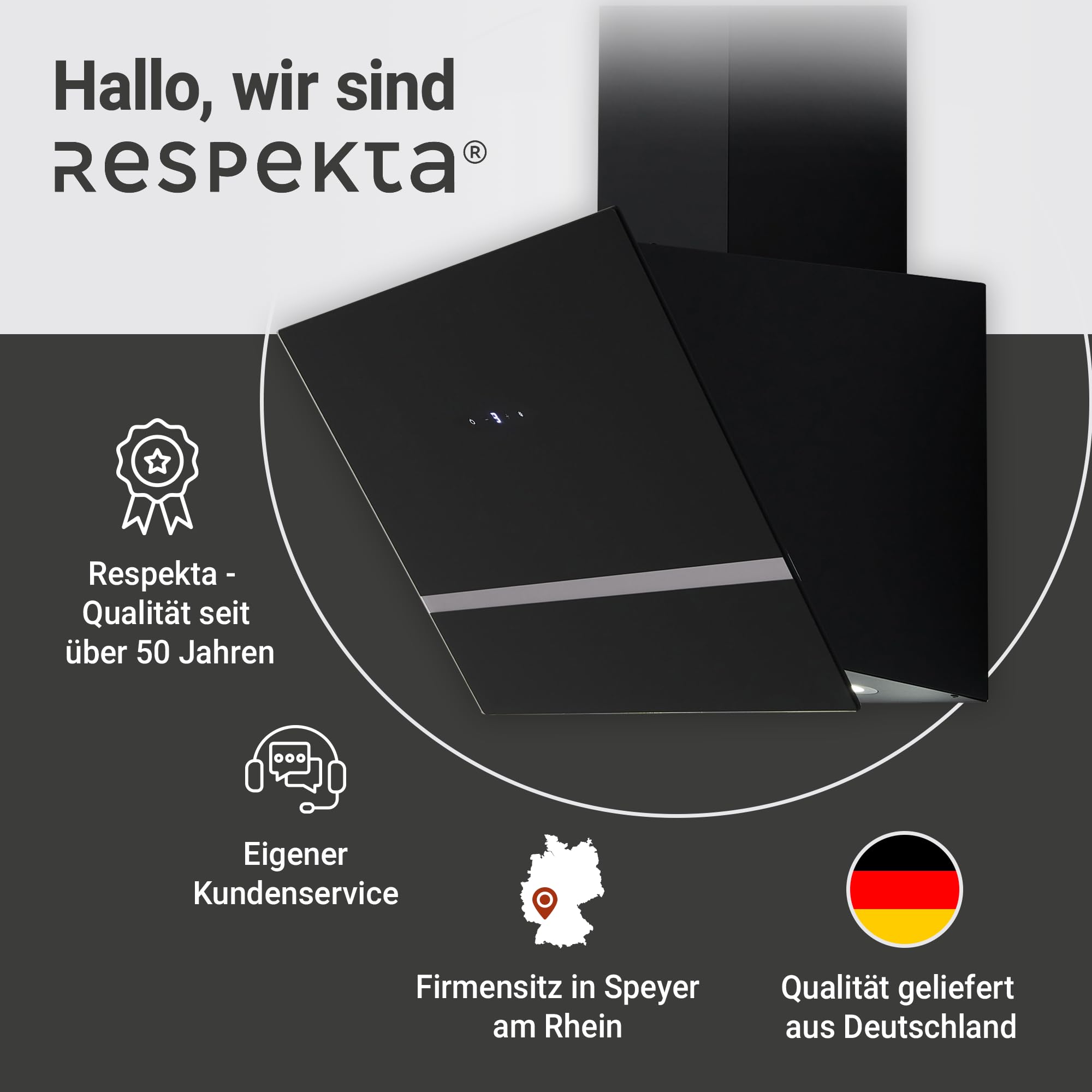 Respekta Dunstabzugshaube / Schräghaube 80 cm / Metallgehäuse mit Glasschirm in Schwarz / Abluft - und Umluftfunktion / CH24080SM / A / 65 – 70 dB