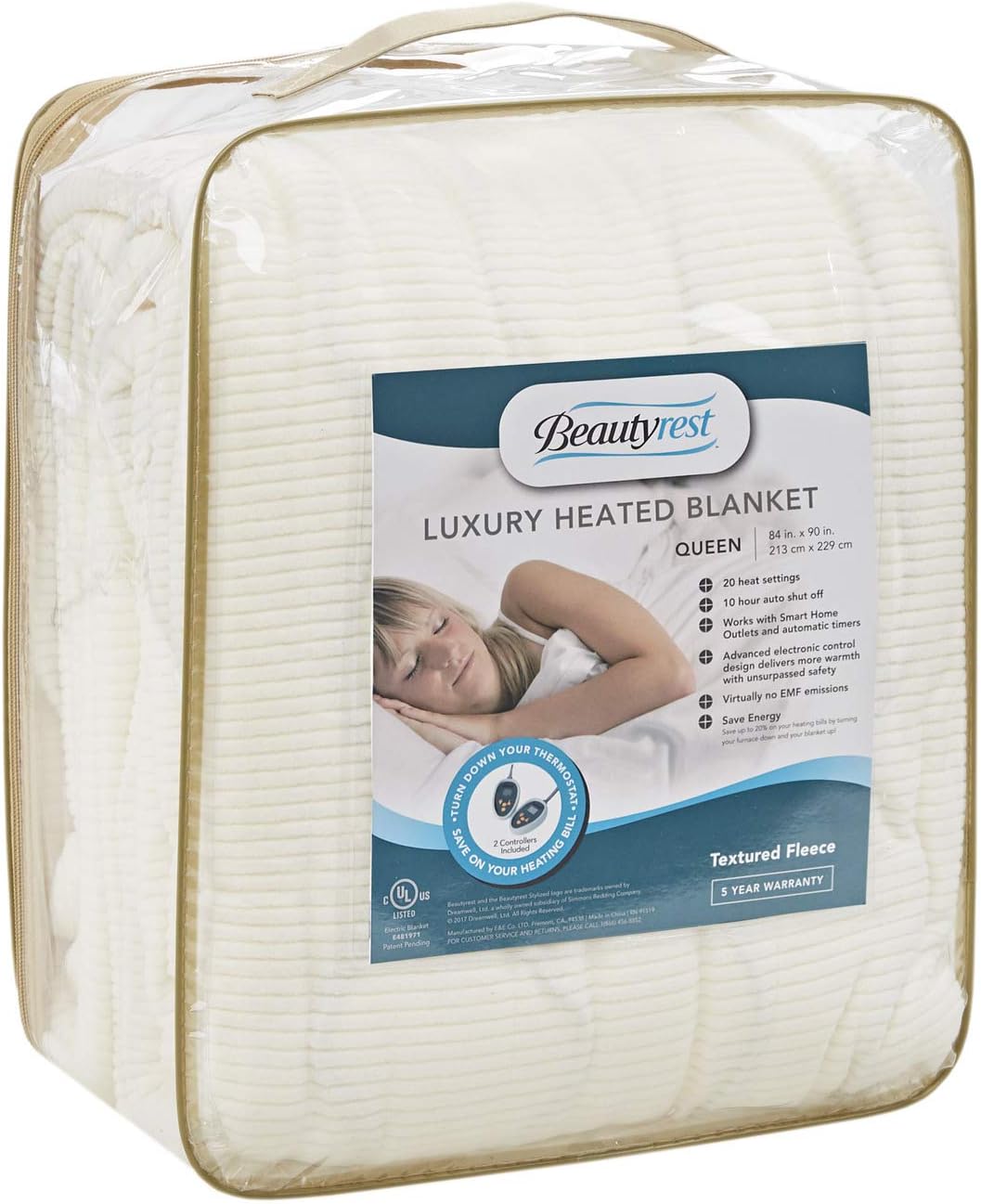 Beautyrest Electric Blanket Luxurious Micro Fleece Ultra Soft Ribbed Textured, Cozy and Snuggly Cover for Cold Weather, Fast Heating, Auto Shut Off, 20 Level Heat Setting Controller, Queen, Grey : Home & Kitchen