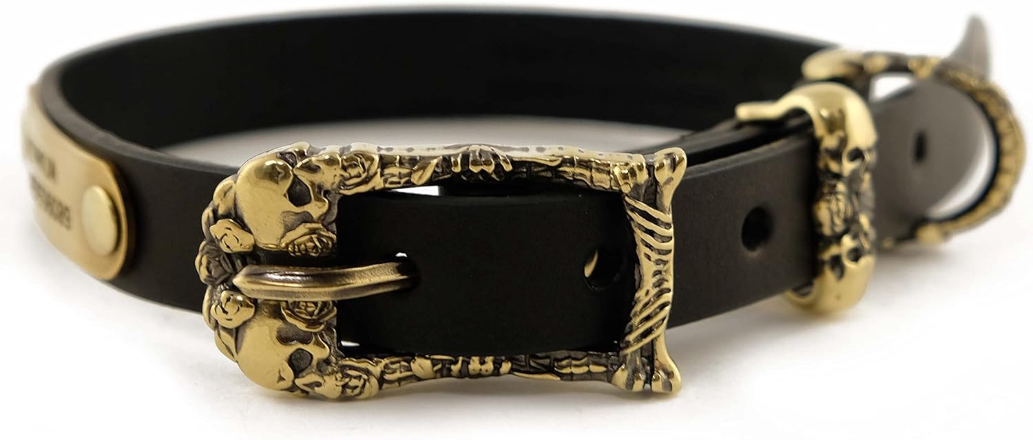 Skulls and Roses leather dog collar, Personalized Day of the Dead style dog collar, Leather puppy collar Día de los Muertos