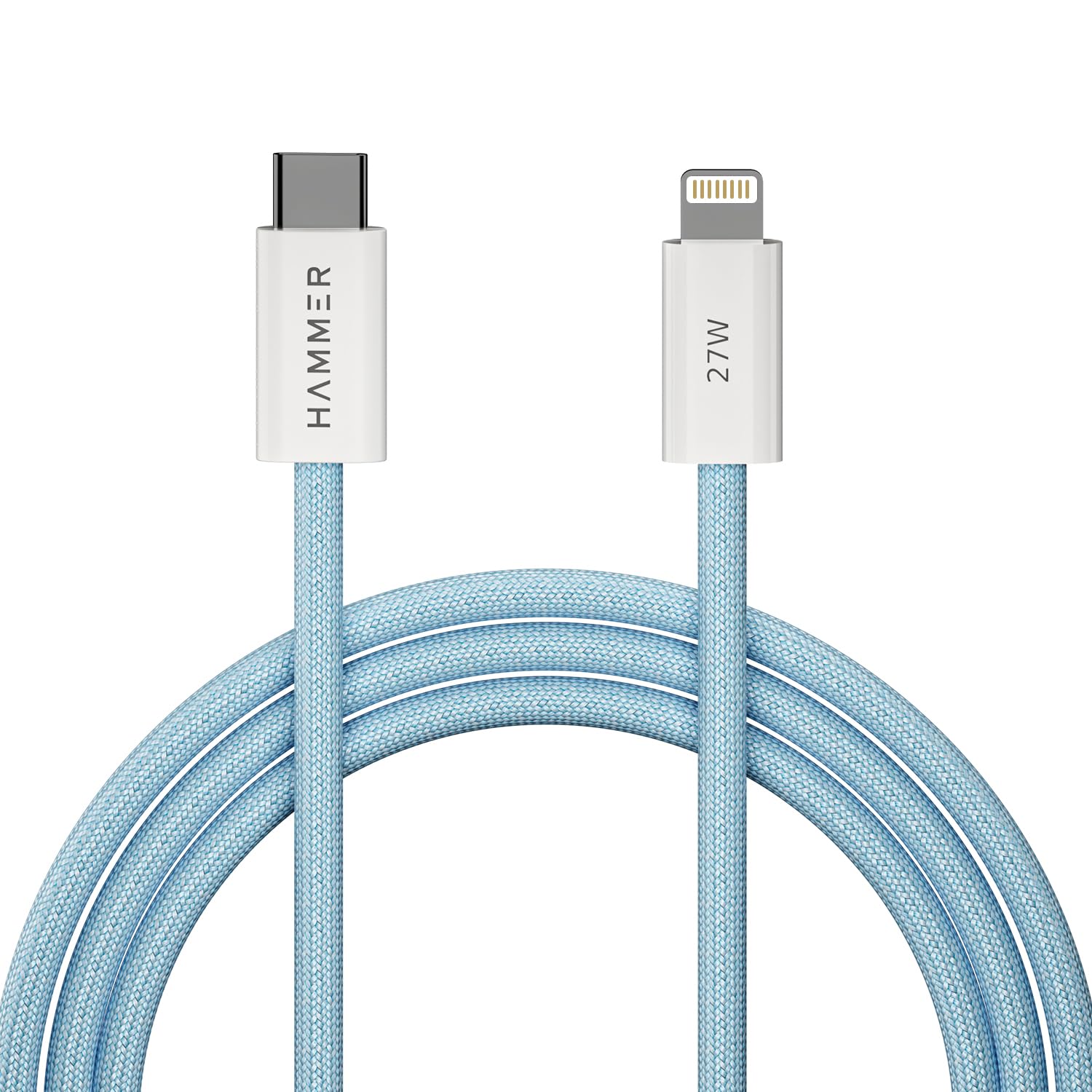 HAMMER 27W Type-C to Lightning 8 Pin Nylon Braided Cable, 27W Fast Charging, 480Mbps High Speed Data Transfer & Durable Tangle Free Design, Compatible with iPhone, iPad, iMac, AirPods, 1.2M (Blue)