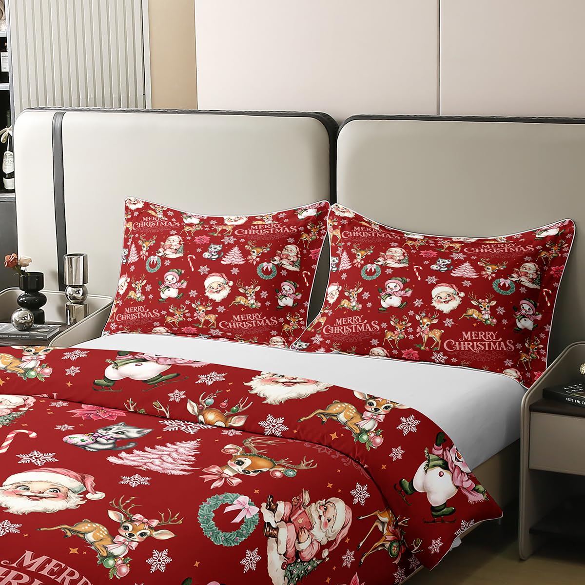 Homewish Czerwona choinka super king zestaw pościeli Święty Mikołaj, jeleń, bałwan, bawełna, poszewka na kołdrę dla dzieci, dziewcząt, chłopców, zimowa poszewka na kołdrę, urocze różowe kokardki