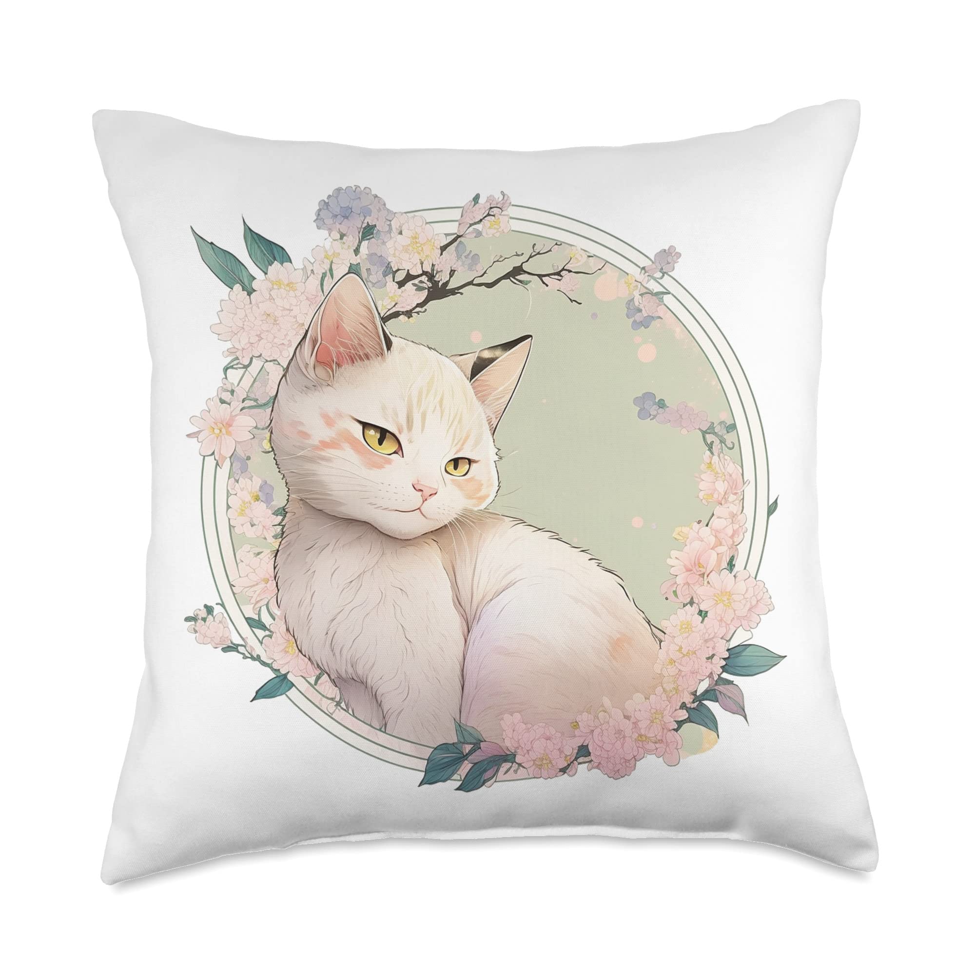 Cute Holy Brima Cat with Japanese Art Throw Pillow, 18x18, Multicolor