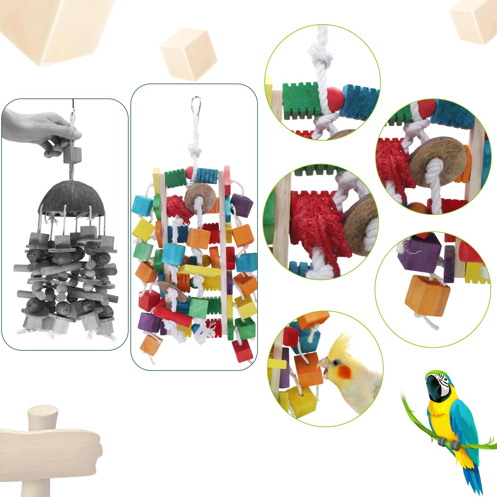 MQUPIN Grands jouets pour perroquet, blocs en bois colorés de différentes formes, 55,9 cm, jouets pour perroquets gris africains, amazons, cacatoès et aras