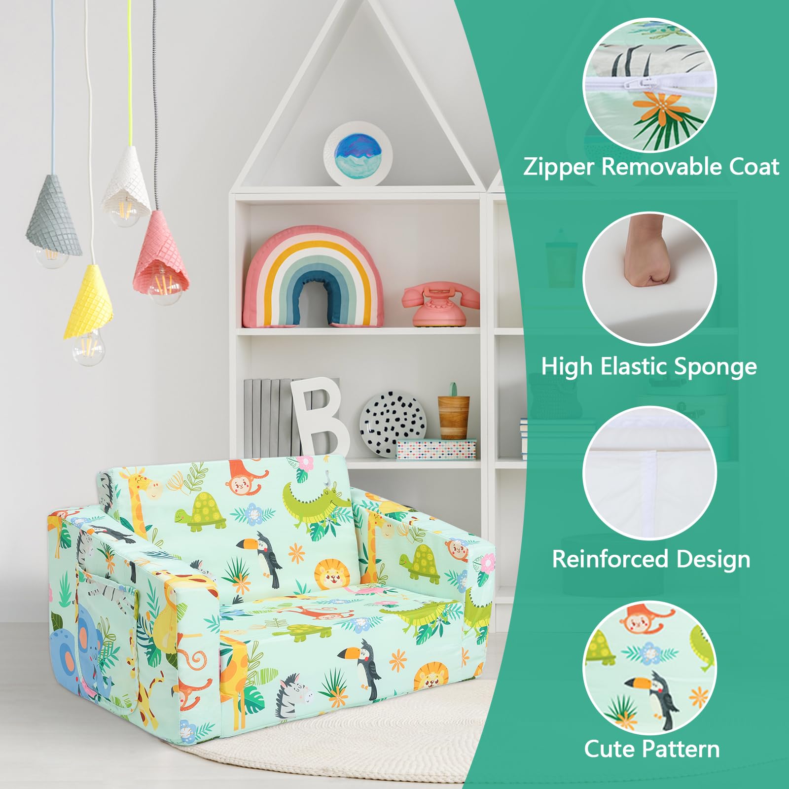 Sofás Plegables para Niños - Sillón 2 en 1 con Respaldo y Bolsillo de Tela, Sofá Cama Asiento para Bebé, Animales Salvajes