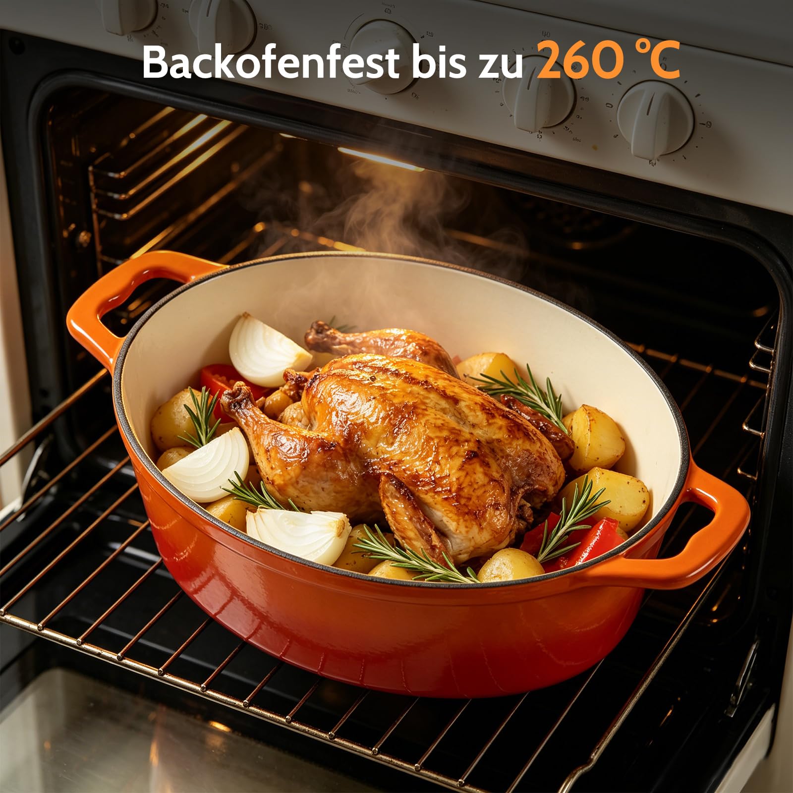 Żeliwny garnek do pieczenia z pokrywką, owalny garnek żeliwny 7,6 l, emaliowany, duży garnek do duszenia z pokrywką, do wszystkich rodzajów kuchenek indukcyjnych (pomarańczowy)