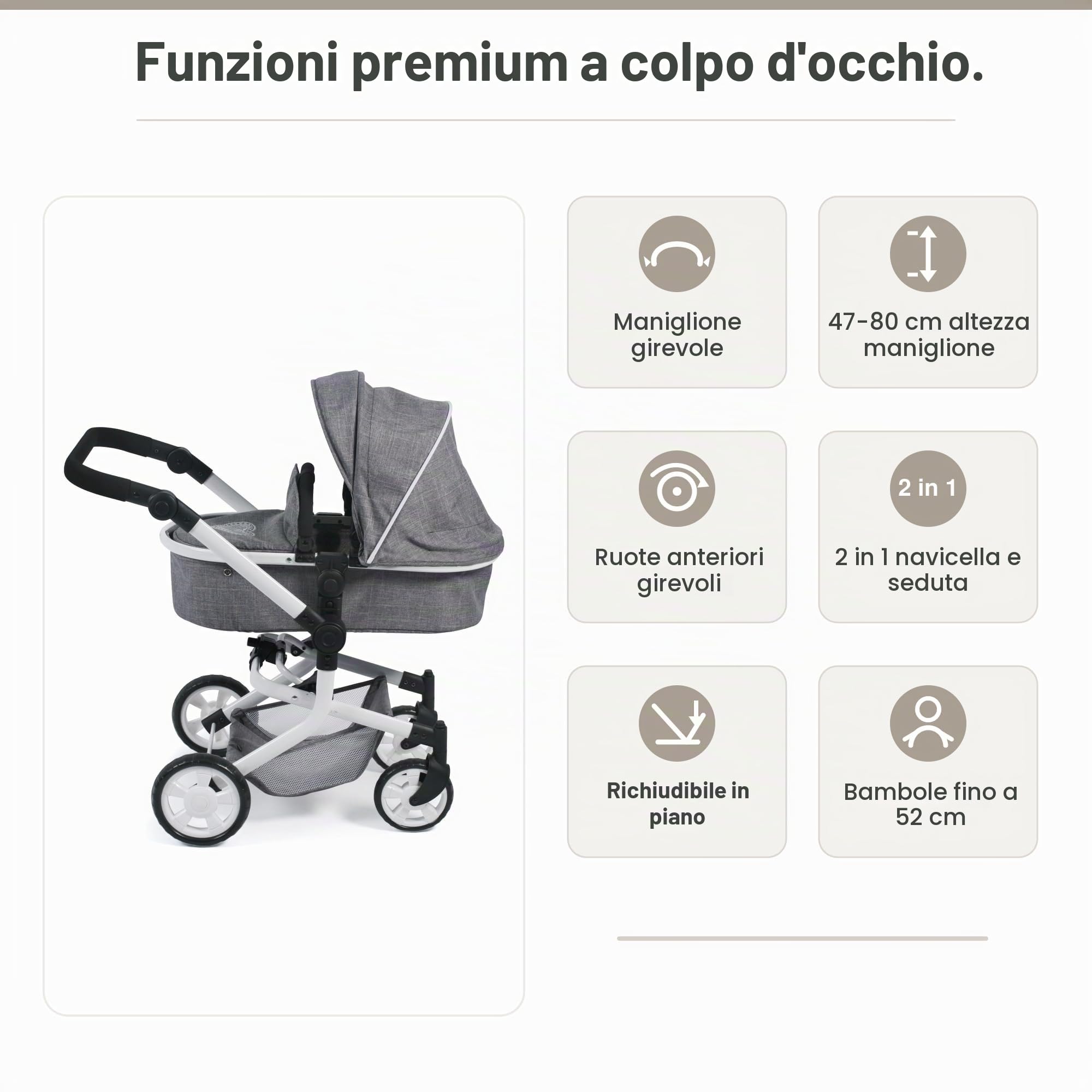 Bayer Chic 2000 - Passeggino per bambole Mika, 2 in 1 per bambini da 4 a 8 anni, jeans grigio