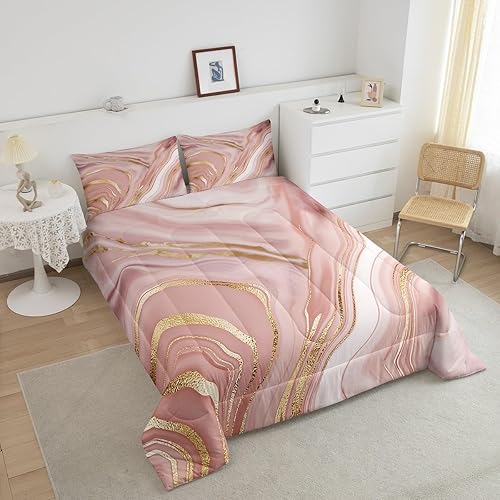 Miniatura 9 de Erosebridal Juego de edredón de color rosa y azul dorado, ropa de cama de mármol colorido para jóvenes, juegos de edredón con textura de mármol con
