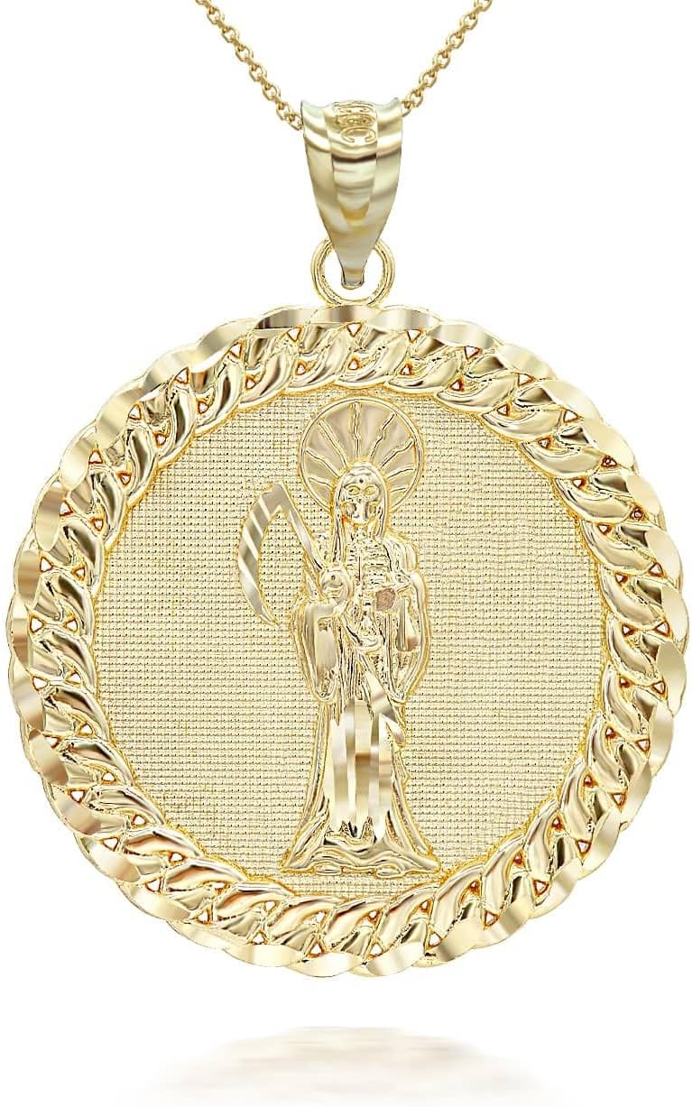 Solid 14k Yellow Gold Santa Muerte (Grim Reaper) Cuban Link Round Frame Pendant Necklace and Pendant Only