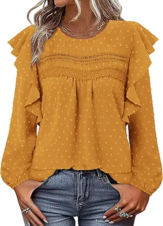 BETTE BOUTIK Womens Boho Fall Long Sleeve Shirts Crewneck Dressy Casual Blouses Trendy Flowy Tops