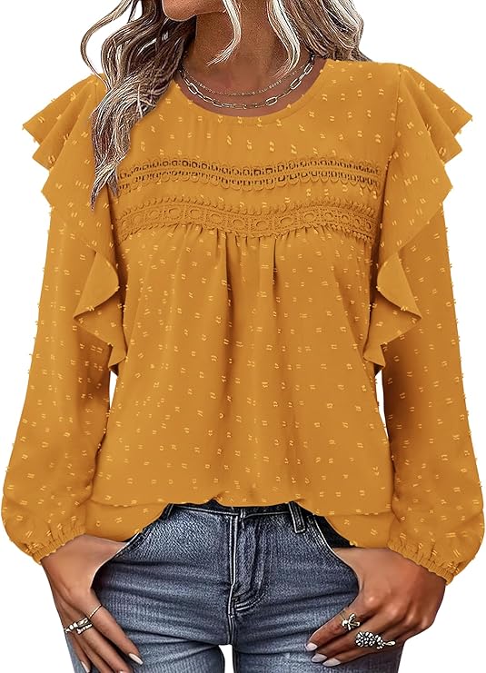 BETTE BOUTIK Womens Boho Fall Long Sleeve Shirts Crewneck Dressy Casual Blouses Trendy Flowy Tops