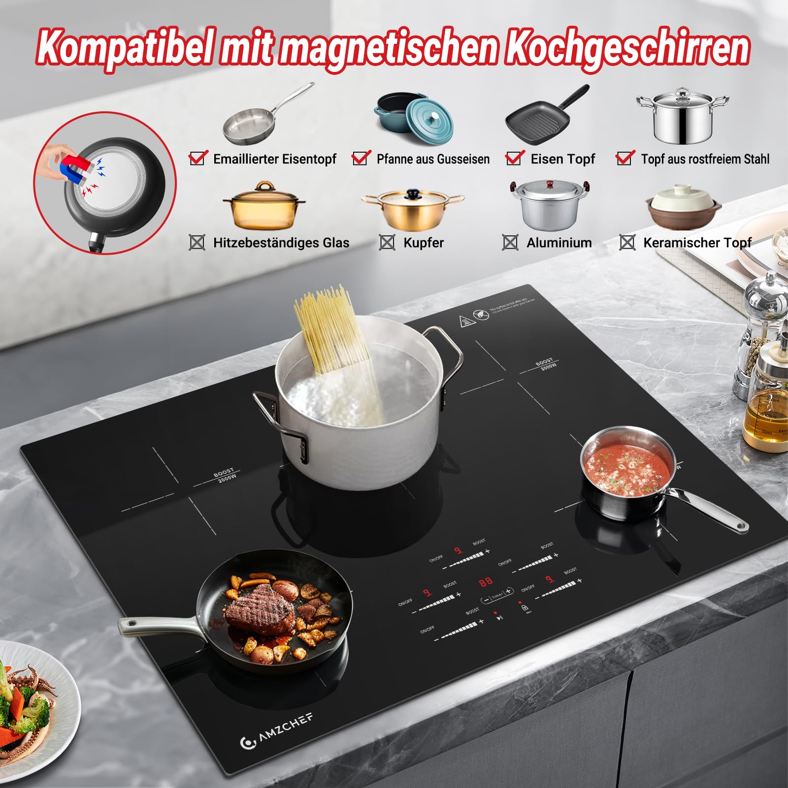 AMZCHEF Induktionskochfeld 80cm, 5 Zonen, 9500W, Booster, Slider-Steuerung