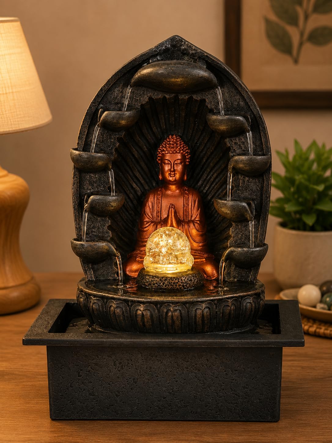 CHRONIKLE Polyresin Golden Brown Namaskara Buddha Table Top Indoor Both Side 5 Steps Water Fountain for Home Decor with Yellow LED, Speed Controller Pump & Crystal Ball (Size: 40.5 x 29.5 x 22CM)-image-5