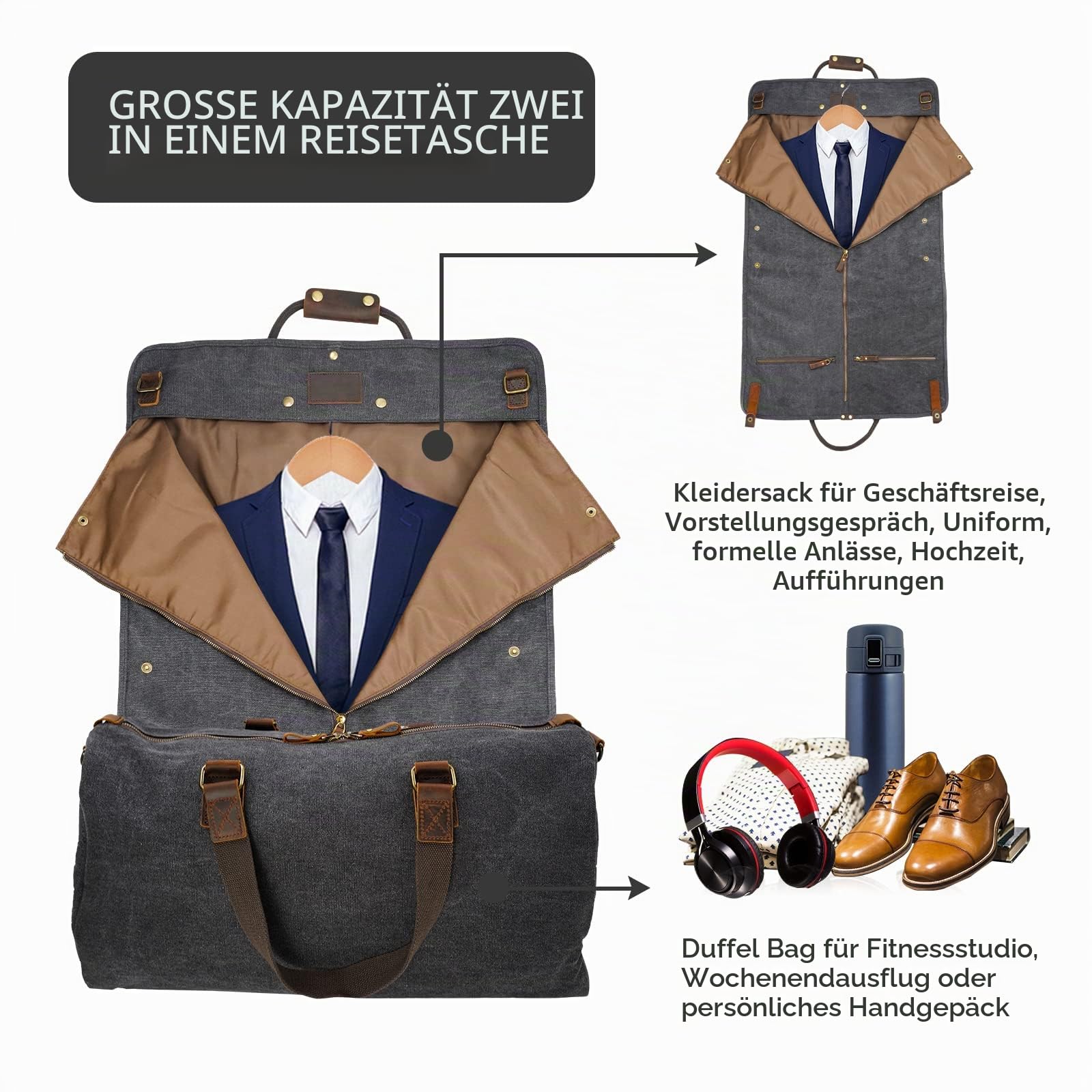 2 in 1 Canvas Leder Anzuggepäck Kleidersack mit Schultergurt für Reisen und Geschäftsreisen Schwarz American Casual