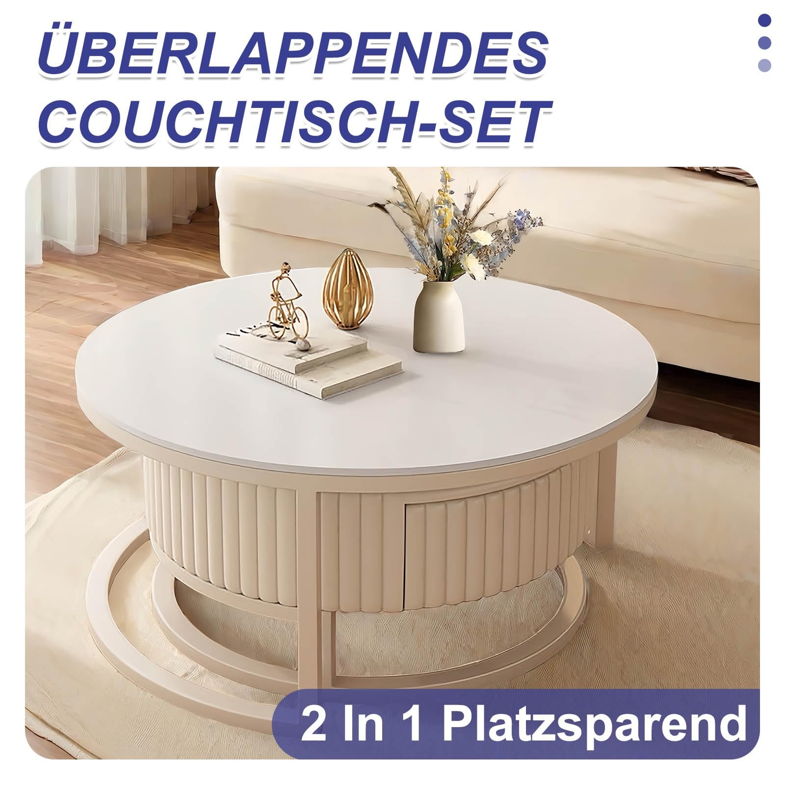 JPQTRYDRIS Couchtisch Set 2er - Runde Satztische Weiß Mit Steinplatte