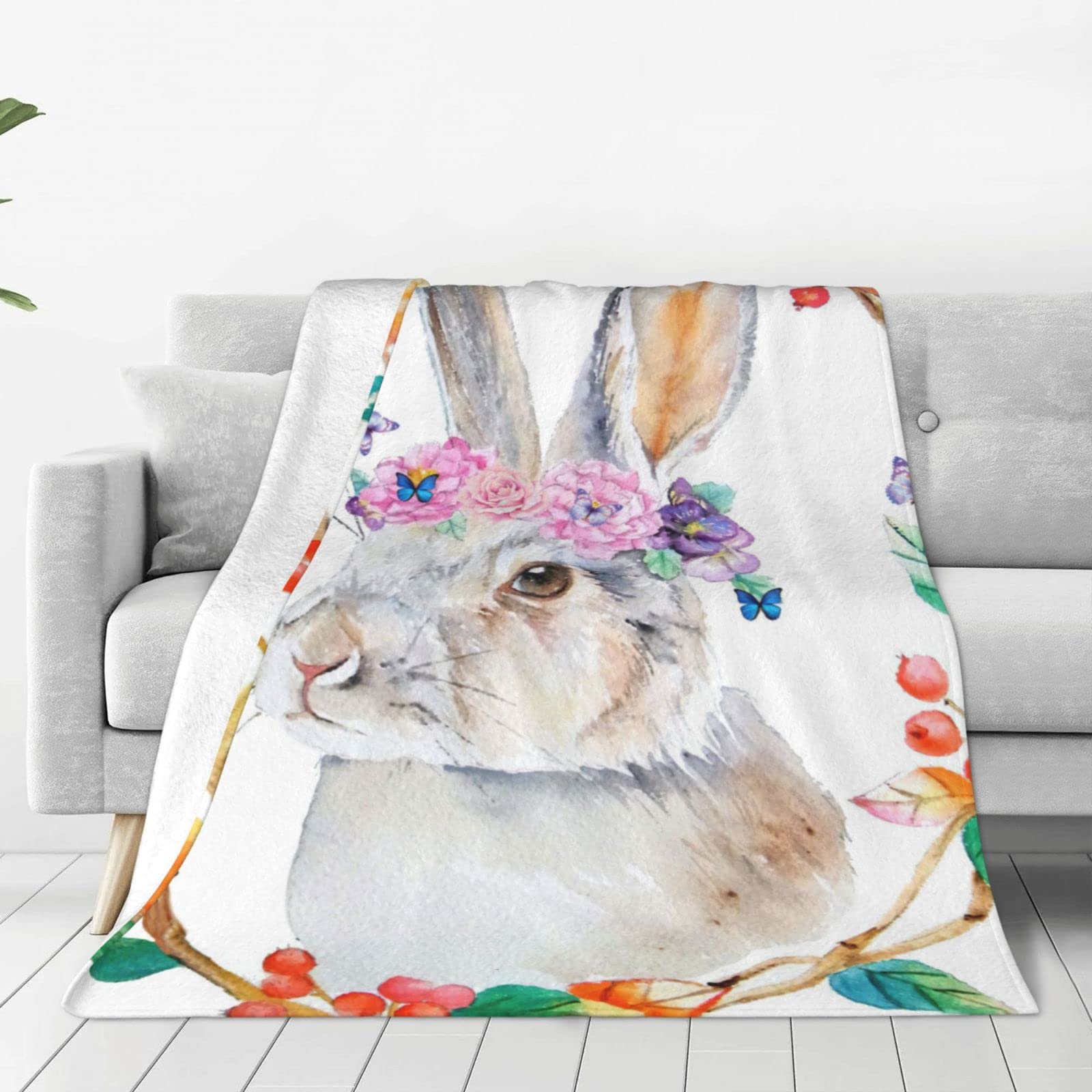 Lsjuee Throw Blanket Watercolor Easter Bunny Warm Cozy Soft Lightweight Flannel Fleece Blanket for Bedroom Sofa Room Home Decorative Fuzzy Blanket 40"x30"