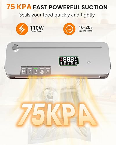 Miniatura 6 de Máquina selladora al vacío, máquina de sellado de alimentos 6 en 1, succión fuerte de 75 Kpa, con temporizador digital, cortador externo, modo de