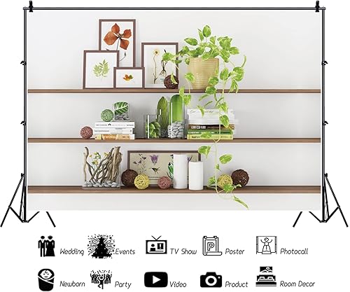 Miniatura 4 de CSFOTO Telón de fondo moderno de 10 x 7 pies para sala de estar, estantería de plantas verdes, telón de fondo de oficina para videoconferencias,