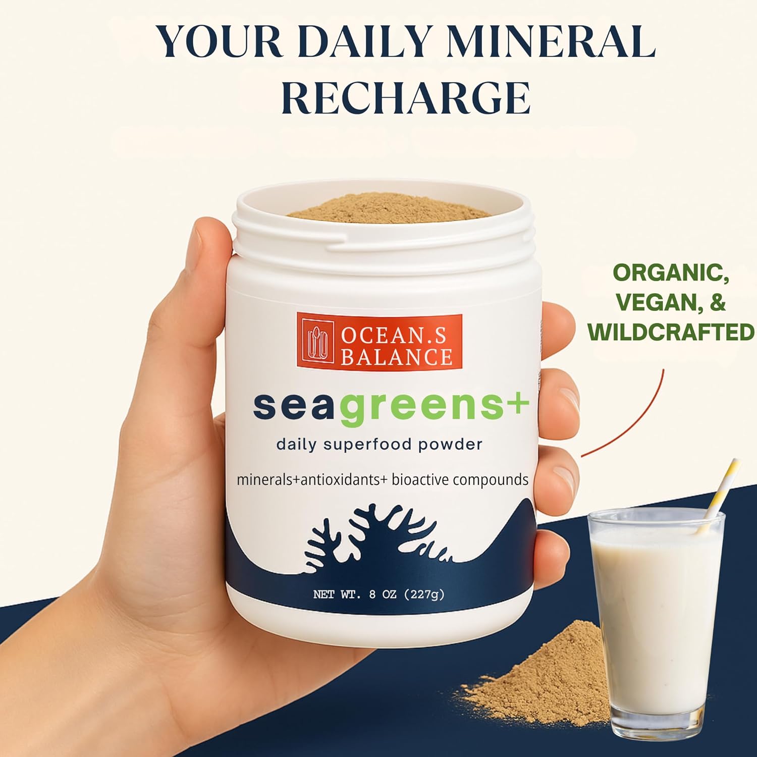 Ocean’s Balance Seagreens+ Daily Superfood Powder — Organic Seaweed Greens Powder with Dulse & Seagreens for Energy, Digestion & Immune Support — Vegan, Gluten-Free, Non-GMO (8oz)