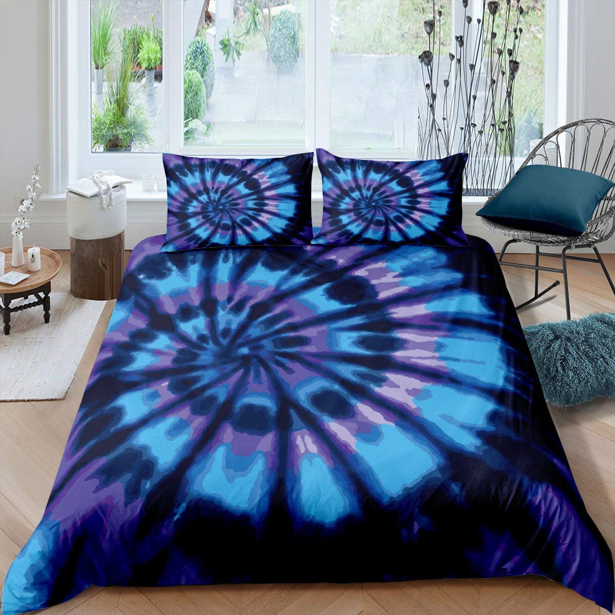 Juego de ropa de cama psicodélico para niños y niñas, diseño de espiral, color azul, con 2 fundas de almohada