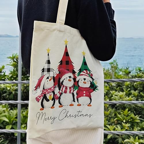 Miniatura 4 de Dlzdn Christmas Penguin Canvas Tote for Women - Aesthetic Merry Christmas Cute Shopping Grocery Beach Bag - Gifts for Women, Teacher, Reusable