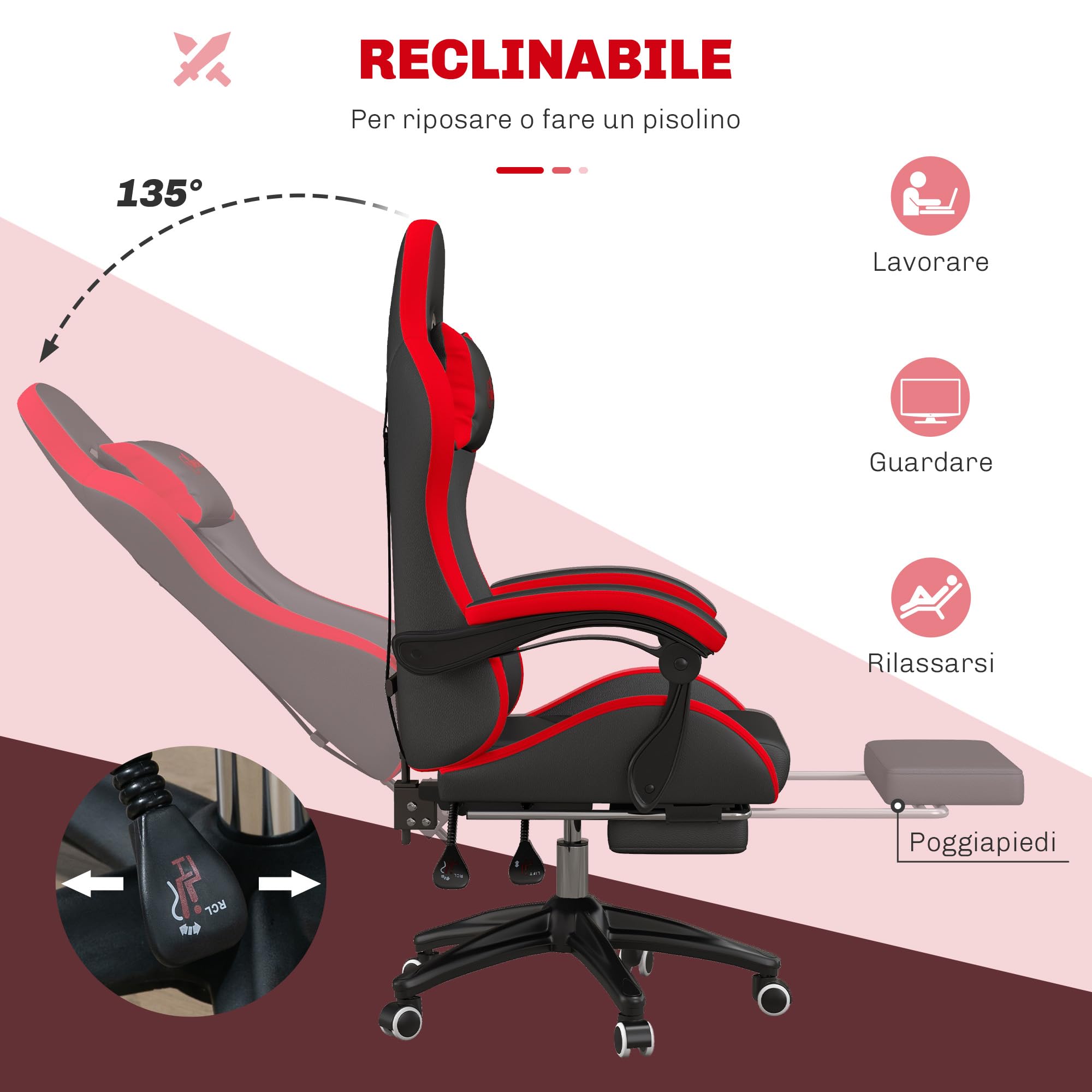 Vinsetto Sedia da Gaming Ergonomica in Pelle PU e Acciaio con Poggiatesta e Altezza Regolabile, Poltrona Gaming con Schienale Reclinabile e Cuscino Lombare, 65x65x121-129 cm, Nero e Rosso