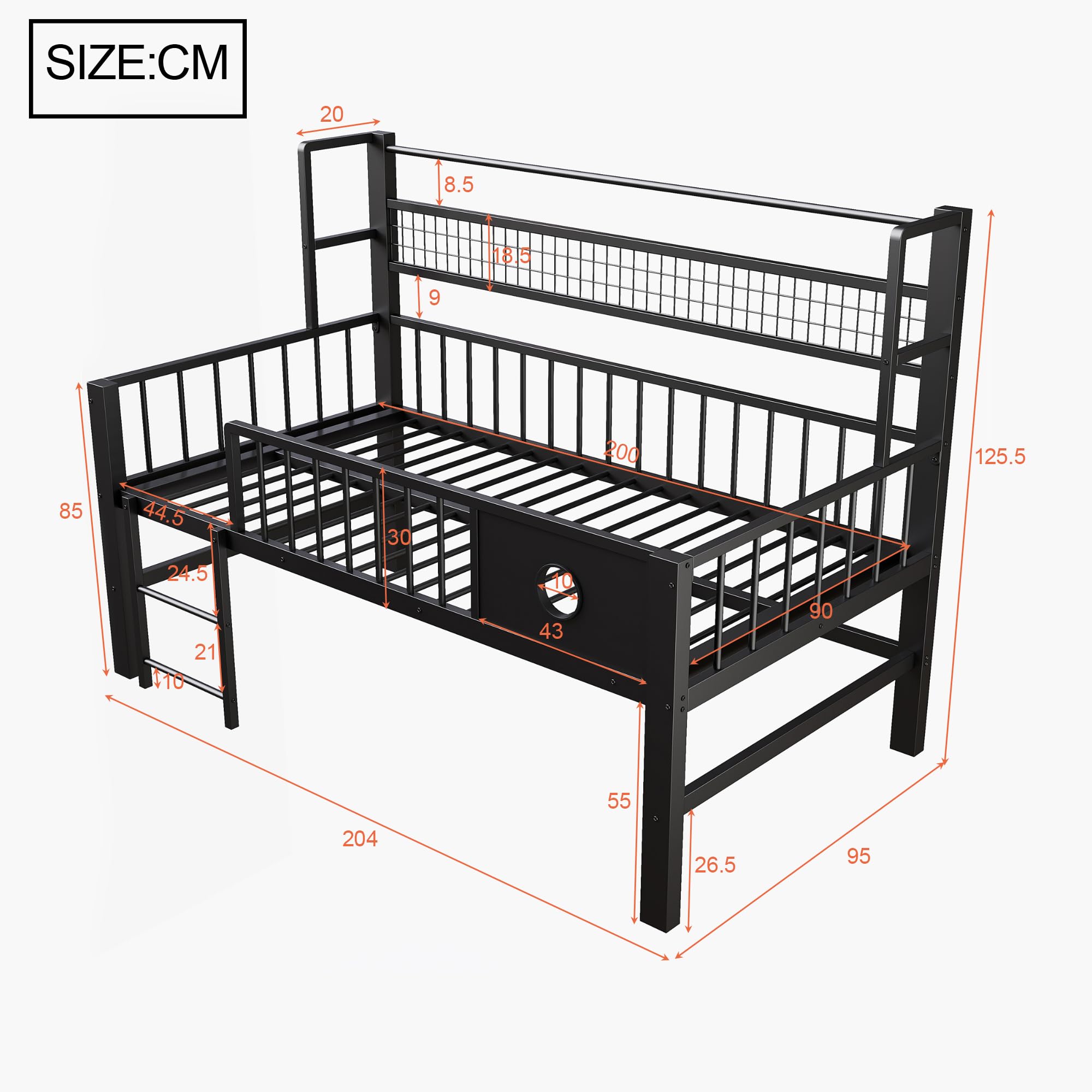 Łóżko dziecięce 90 x 200 cm, niskie łóżko piętrowe z metalową ramą i półkami, odpowiednie dla dzieci i młodzieży, kolor czarny.