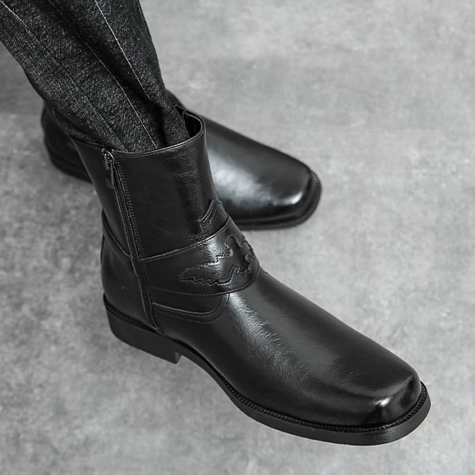 HusSeN Zachodnie kowbojskie buty dla mężczyzn buty do połowy łydki niski obcas na co dzień haftowane boczny zamek błyskawiczny retro buty robocze unisex buty do połowy łydki
