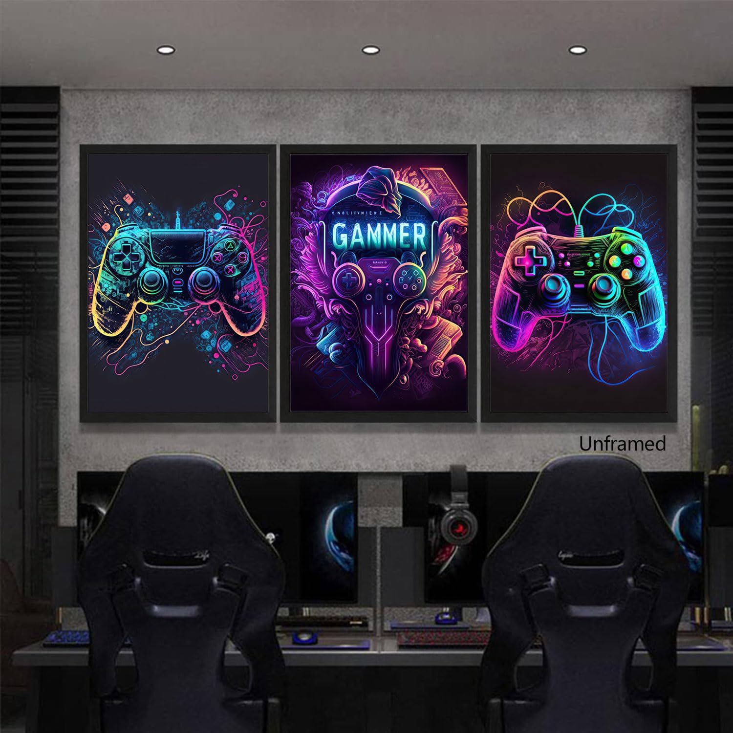 3pcs Cool Gaming Wall Art Video Game Posters Prints Colorful Neon Gamepad Canvas Painting Pictures Wall Decor for Boys Room Kids Game Room Bedroom Home Decoration Unframed(12"x16"x3)