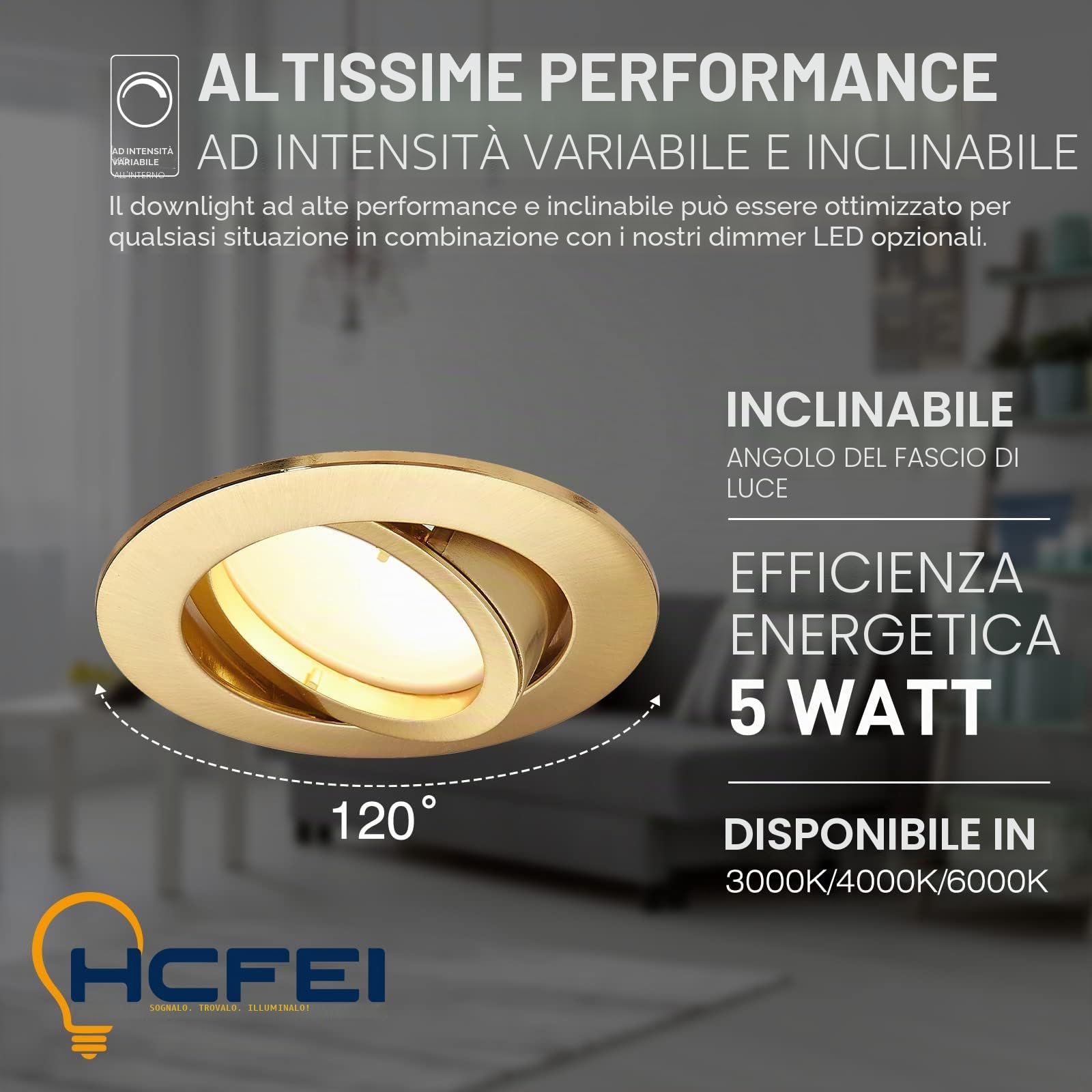 HCFEI Set di 3 faretti a LED da incasso completo orientabile dorato con lampadina GU10 modulo 220 V 5 W, dimmerabili, bianco caldo, attacco 68 mm