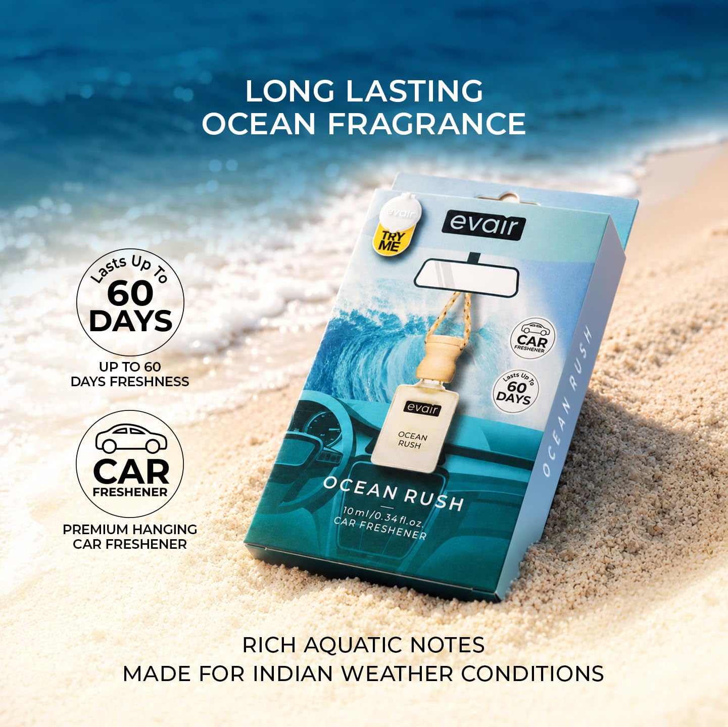 Evair OCEAN RUSH Luxury Car Air Freshener | Cool Aqua Essential Oil Hanging Car Perfume | Long Lasting Car Fragrance Diffuser | Premium Glass Bottle Wooden Diffuser Hanging Pod | 10ml (Pack of 1) 4