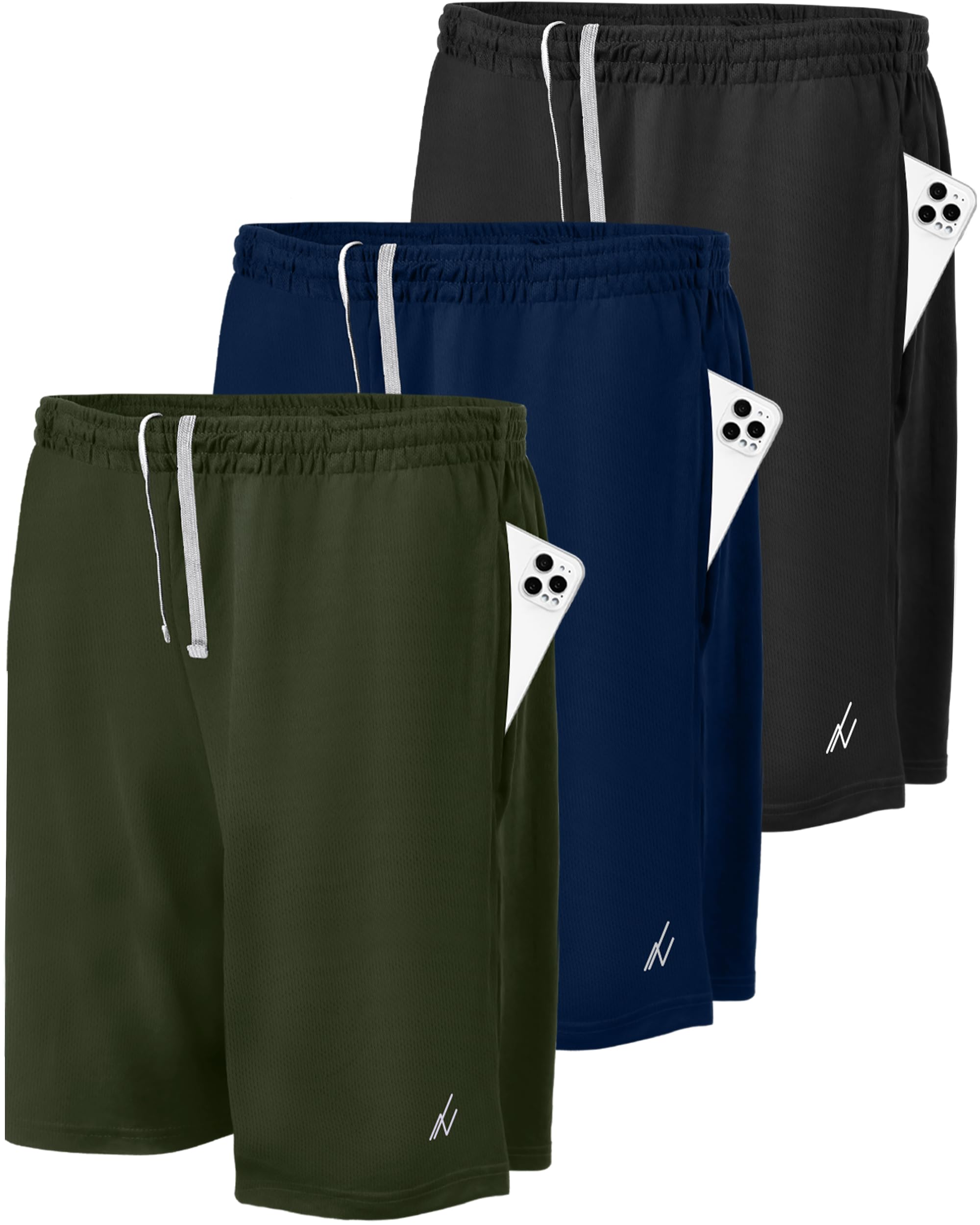 NY Threads 3 Pack Men's Athletic Shorts Quick Dry Lightweight Workout Running Gym Shorts with Pockets, 3X-Large, Black/Navy/Army Green