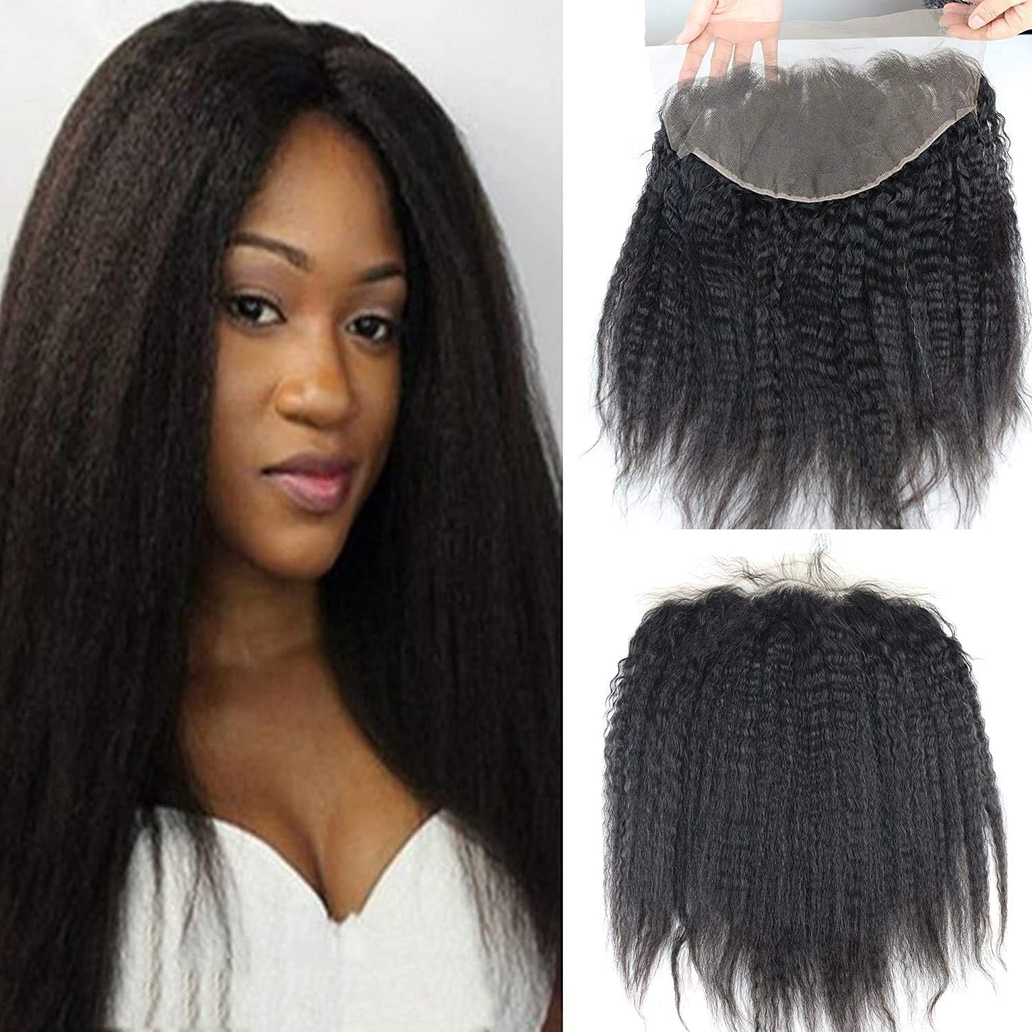 13x6 Kinky Straight Closures Ear To Ear Free Part Brazilian Remy Virgin Human Hair with Baby Hair Invisible Knots Natural Color 10inch