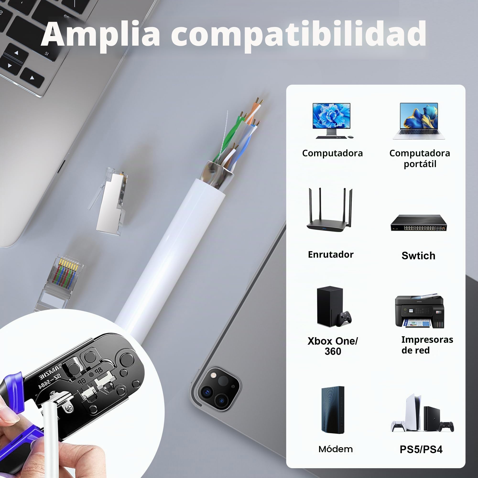 ikbc Cable Ethernet 100 Metros, Cat 6 Cable de Red FTP Blindado Cable RJ45 100m Alta Velocidad, Gigabit Cable LAN 100m Cable Internet Blanco 23AWG, Exterior Interior Cable de Instalación Anti-jamming