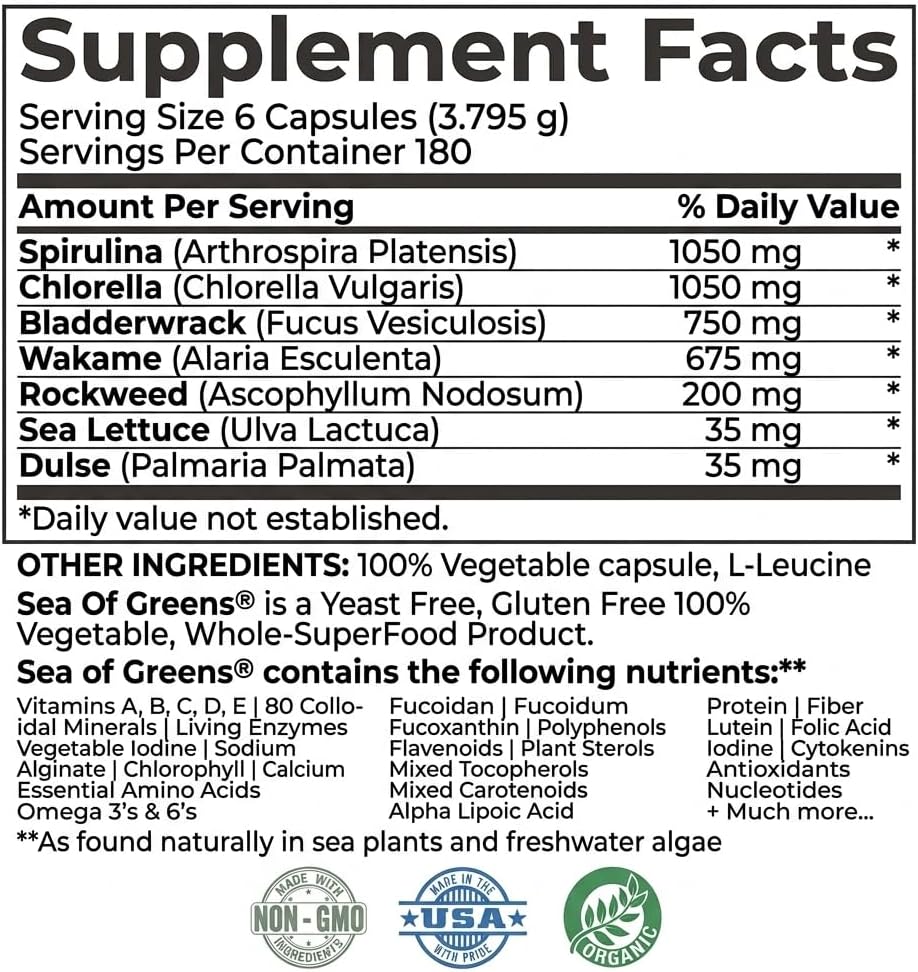 Sea of Greens – Organic Seaweed & Algae Superfood Blend – Spirulina, Chlorella, Bladderwrack, Wakame – Natural Iodine & Fucoidan – Oxalate-Free – 180 Vegetable Capsules