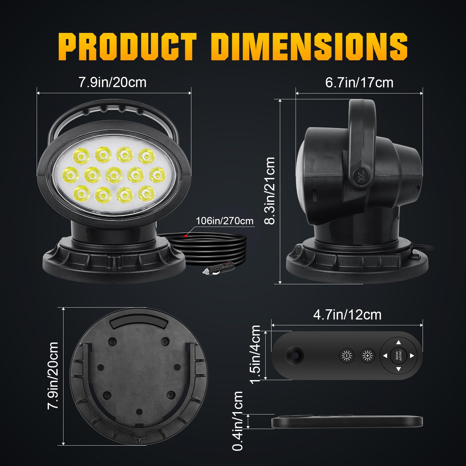 PICAA 5D Emergenza Faro da ricerca Led luce da lavoro,Base magnetica portatile Spot da 38W, Rotazione a 360° Lampada da lavoro a led con telecomando,Lampada per luci di guida 12V 24V per auto 4x4 SUV