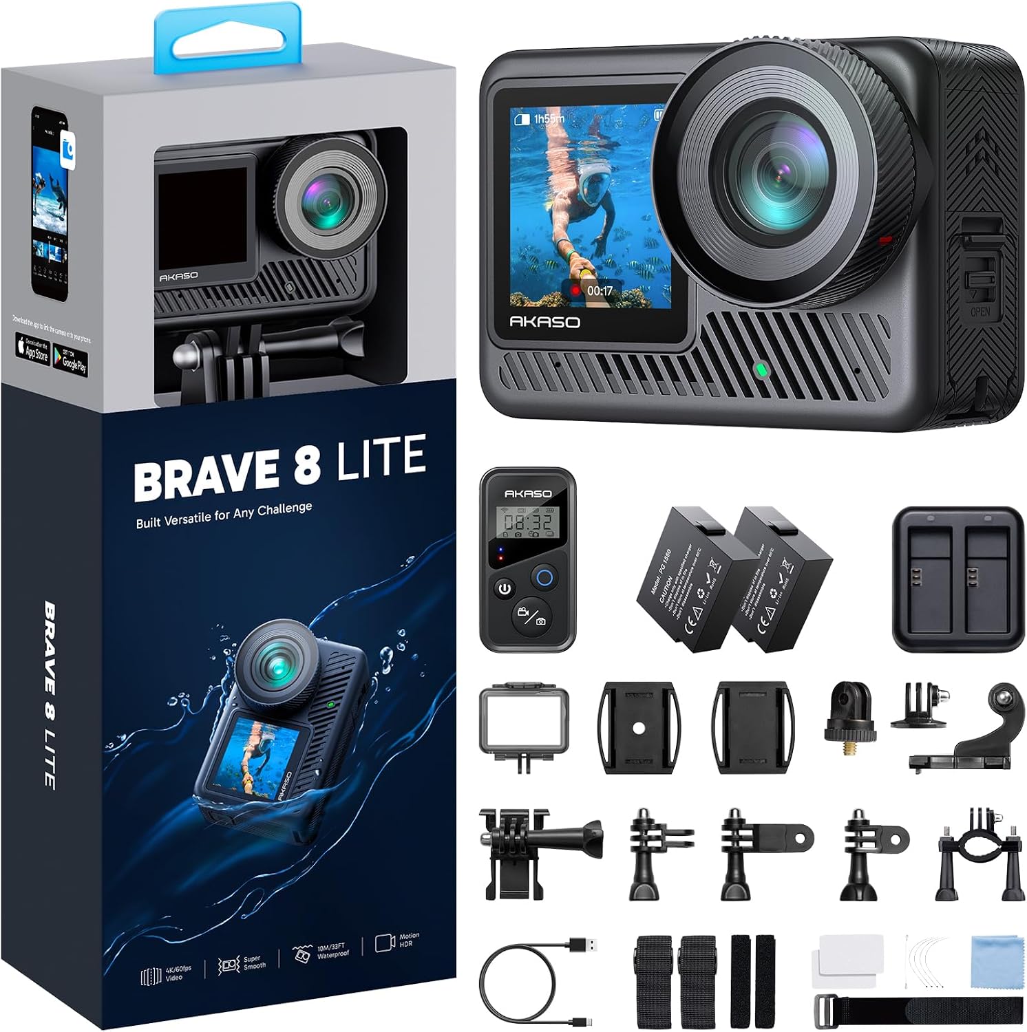 Brave 8 Lite 4K60 Action Camera - 33ft Waterproof Underwater Camera, 48MP Photo, Ultra HD Video, HDR, Touch Screen, 5G WiFi, SuperSmooth Stabilization, 8X Slow Motion with Helmet Accessories Kit