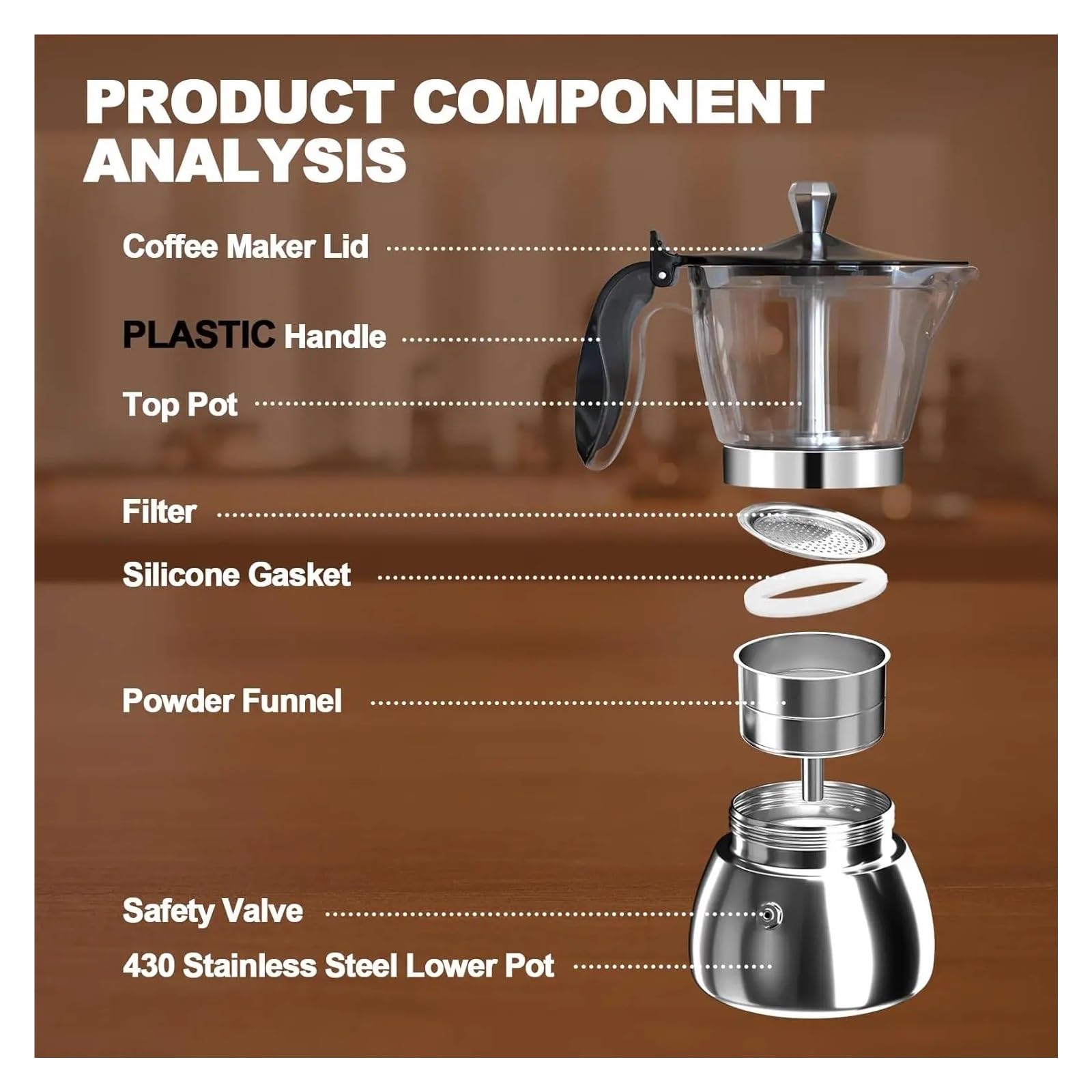 Genérico Cafetera italiana transparente de acero inoxidable 4/6. Cuerpo único resina, base 430. Ideal for el hogar, la oficina y camping. Compatible con cocinas inducción gas(6cups)