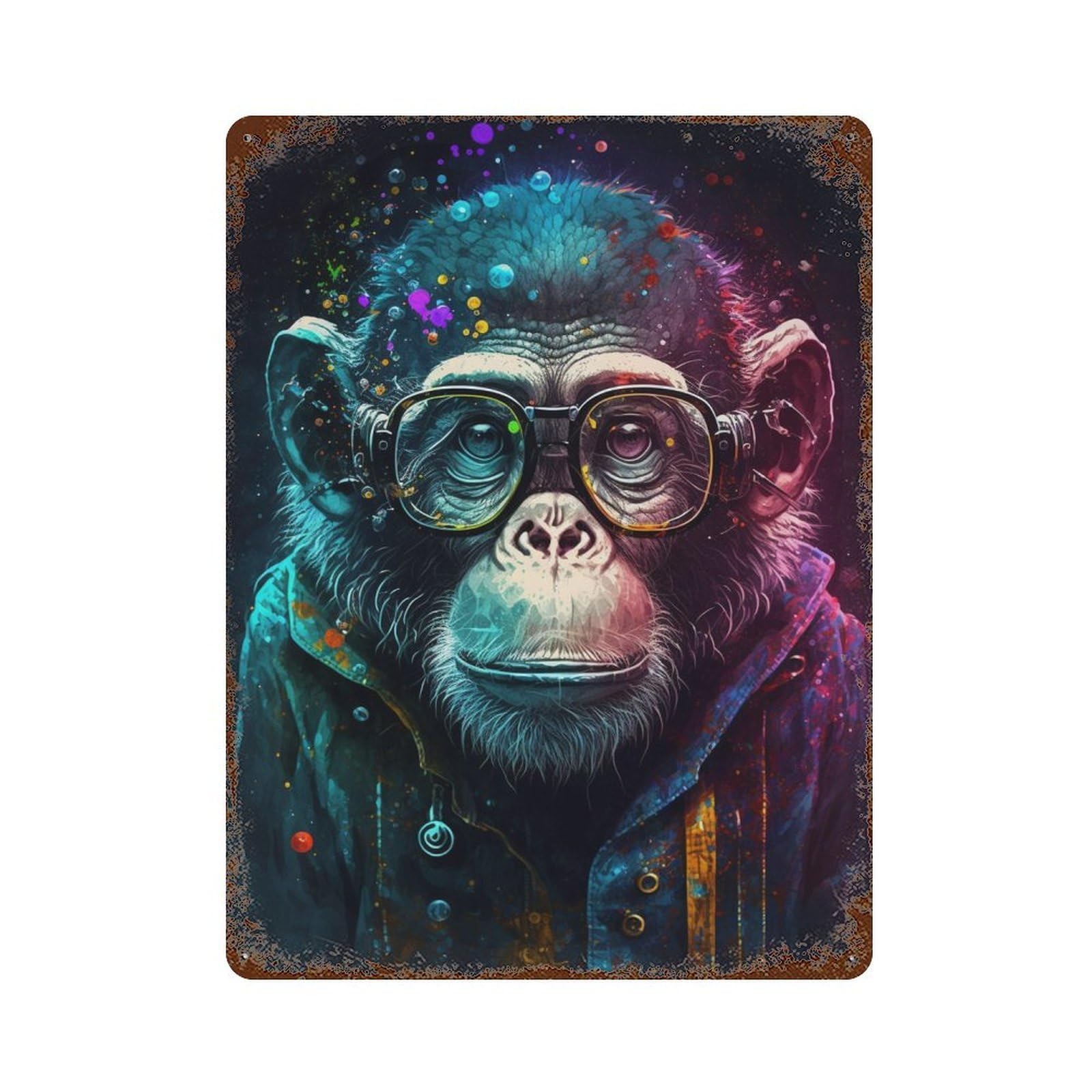 Colorful Chimpanzee Art Print 15.7"x11.8" Aged Metal Wall Plaque, Novelty Wall Decor for Shed, Workshop And Garage Wall Decor