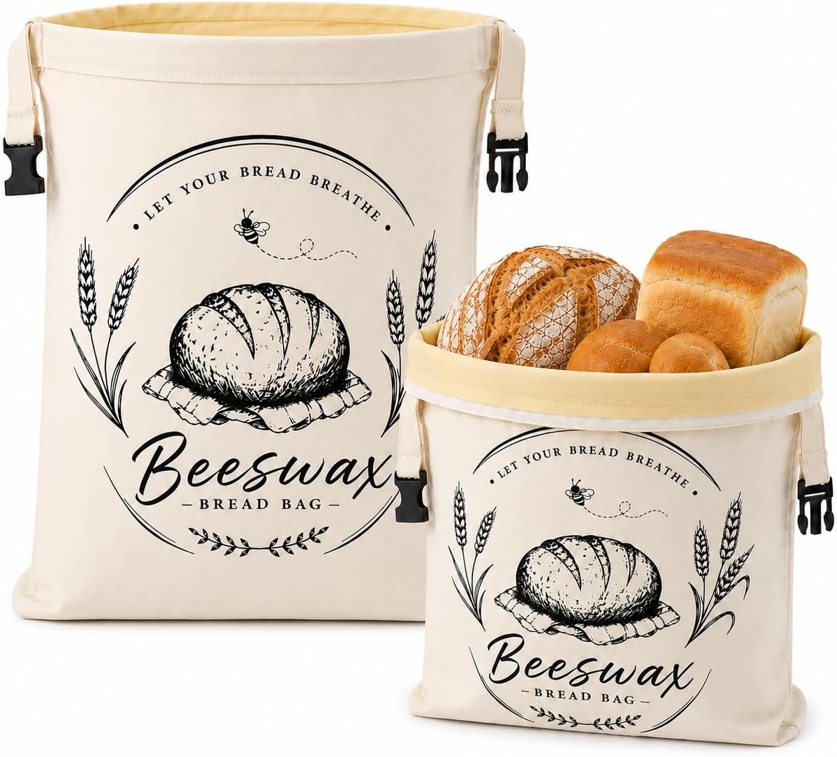 2 Pack Beeswax Bread Bags with Removable Liners | Reusable Cotton, For Sourdough and Homemade Bread, Buckle Closure