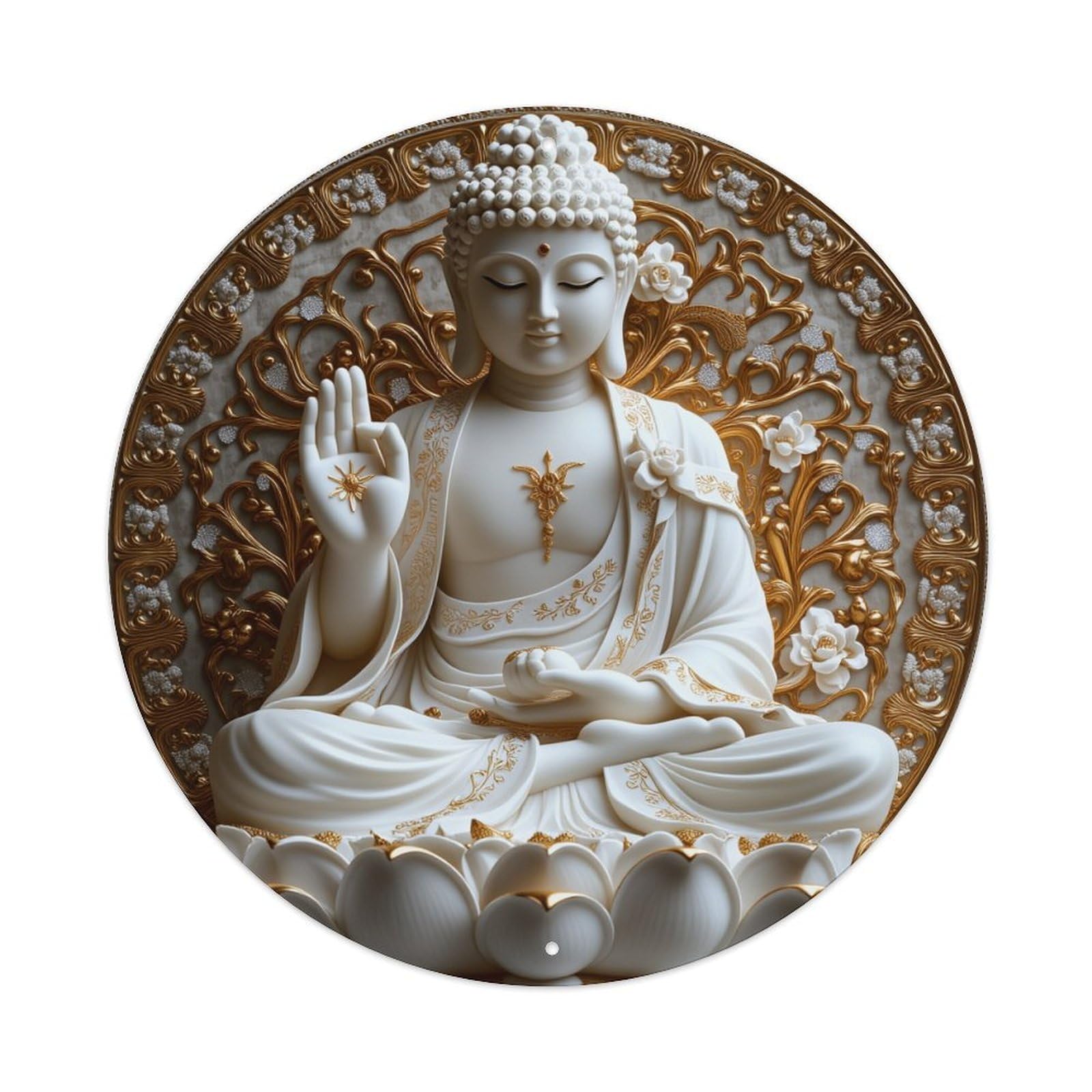 Buddha Lotus Gold Ornament Peace Round Tin Sign Vintage Metal Poster, Home Bar Garage Man Cave Cafe Indoor & Outdoor Wall Decoration 8x8Inches
