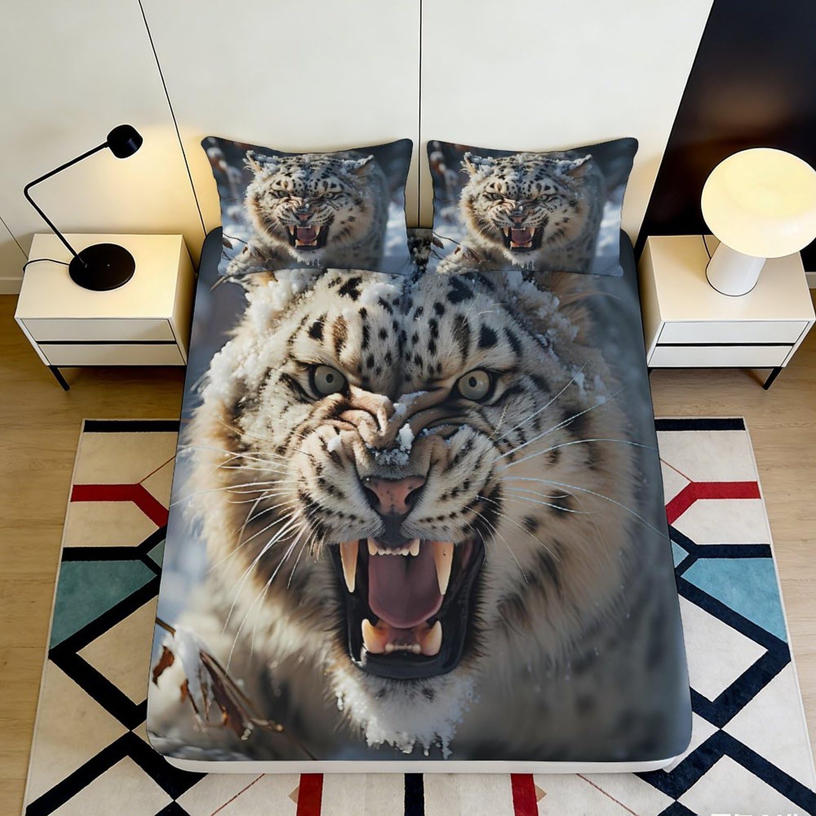 3D Printed Snow Leopard Fitted Sheet Microfiber Soft Anti-Slip Tiger Face Mattress Cover for Bedroom Dorm Decor 120x200cm 120x200x25cm