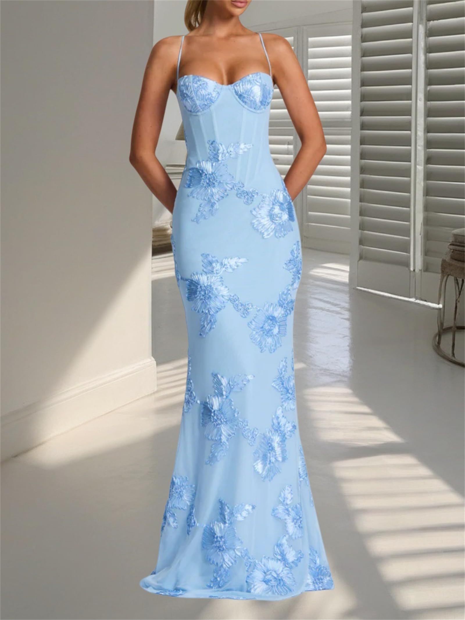Vestido largo entallado de malla floral para mujer, elegante, largo, con tirantes delgados, halter, con cordones, vestido de noche, cóctel, baile de graduación