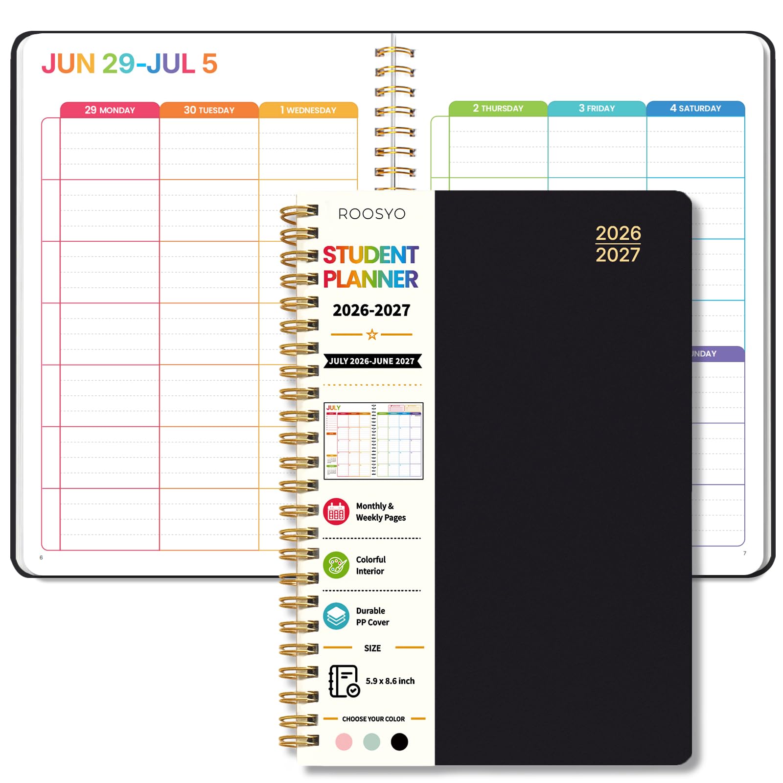 Schülerplaner 2026–2027, schwarzer Spiralplaner mit bunten Seiten, Juli 2026 – Juni 2027, 15 x 21,8 cm, PP-Kunststoffeinband, Wochen- und Monatsorganisation
