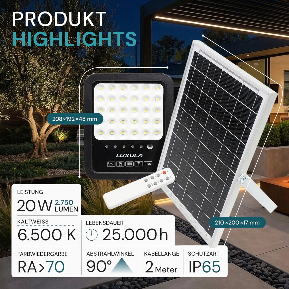 LUXULA Solarstrahler für außen 20W 2 Stück, Solar Strahler Garten mit Fernbedienung, Außenstrahler Solar mit Solarpanel, 6500K, IP65, 2750lm, Solarlampe für außen, Garten, Hof, Einfahrt, Balkon