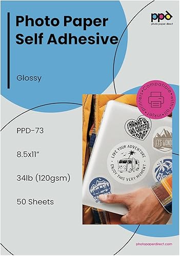PPD PPD-73-50 - Papel adhesivo imprimible de alta calidad para impresora de inyección de tinta, 50 hojas de papel de calidad fotográfica de 8.5 x 11