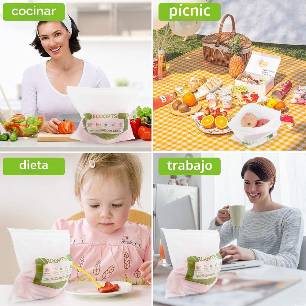 Bolsa grande con cremallera para sándwich 100% compostable, bolsas de almacenamiento de alimentos ecológicas, bolsa para congelador, a base de plantas, sin BPA, sella bien para frutas, alimentos y