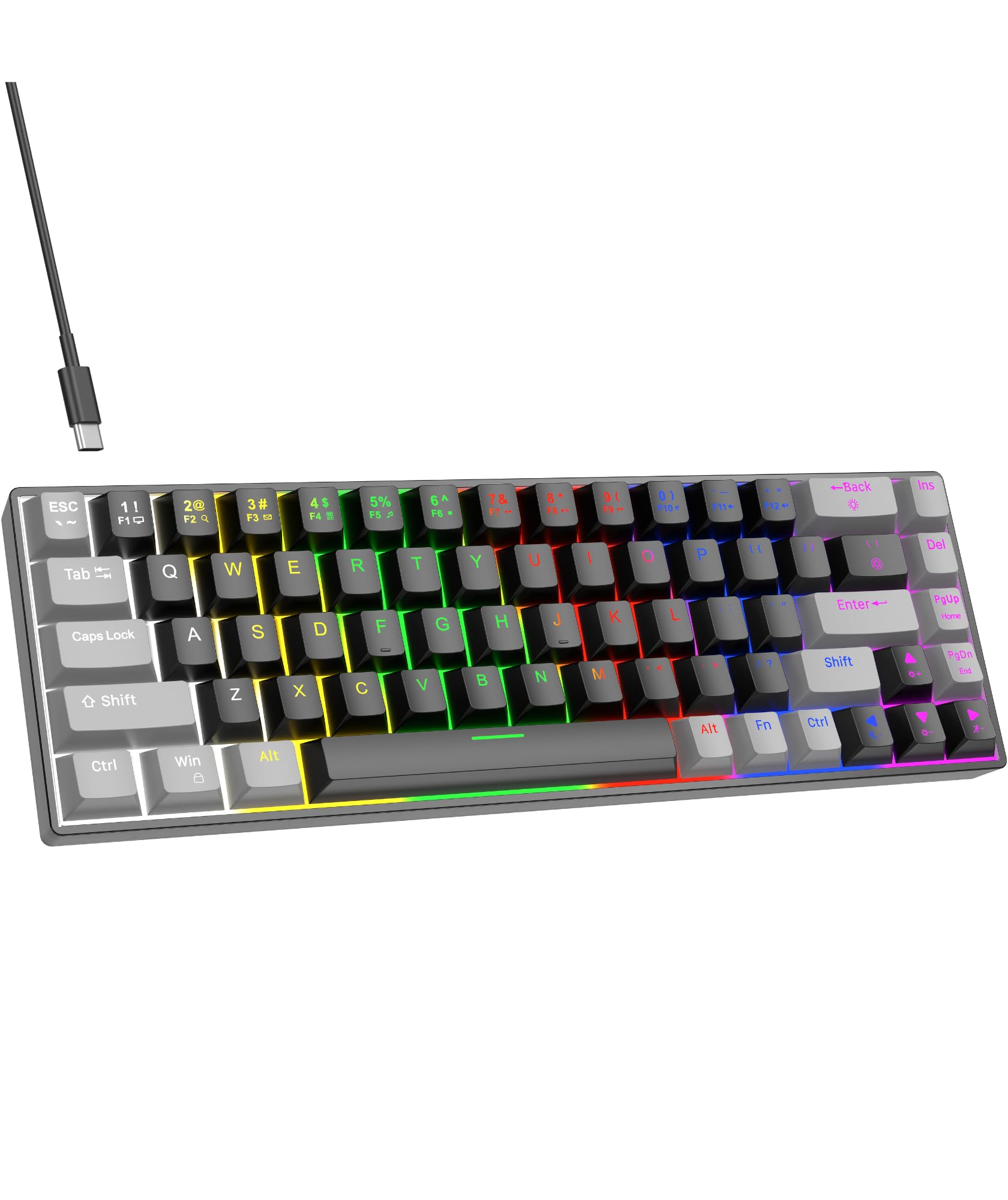 Dr Luxur® Shadow 60% Wired RGB Gaming Keyboard, 68 Keys Compact, Anti-ghosting, Linear Blue Switch, 2 Colour Keycaps, Detachable USB C Cable (Grey & Black)-image-13